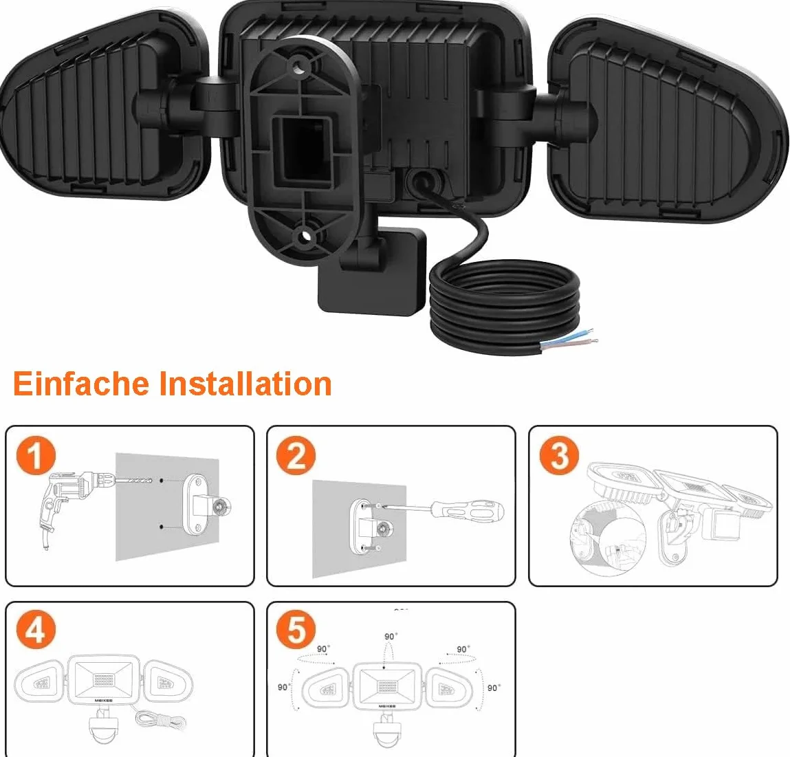 MEIKEE Reflektor LED z czujnikiem ruchu, 42 W, 4200 lm, reflektor zewnętrzny IP65, światło reflektorowe 6500 K, trzy głowice, regulacja 180°, światło bezpieczeństwa do garażu, ogrodu, na taras, podwórko