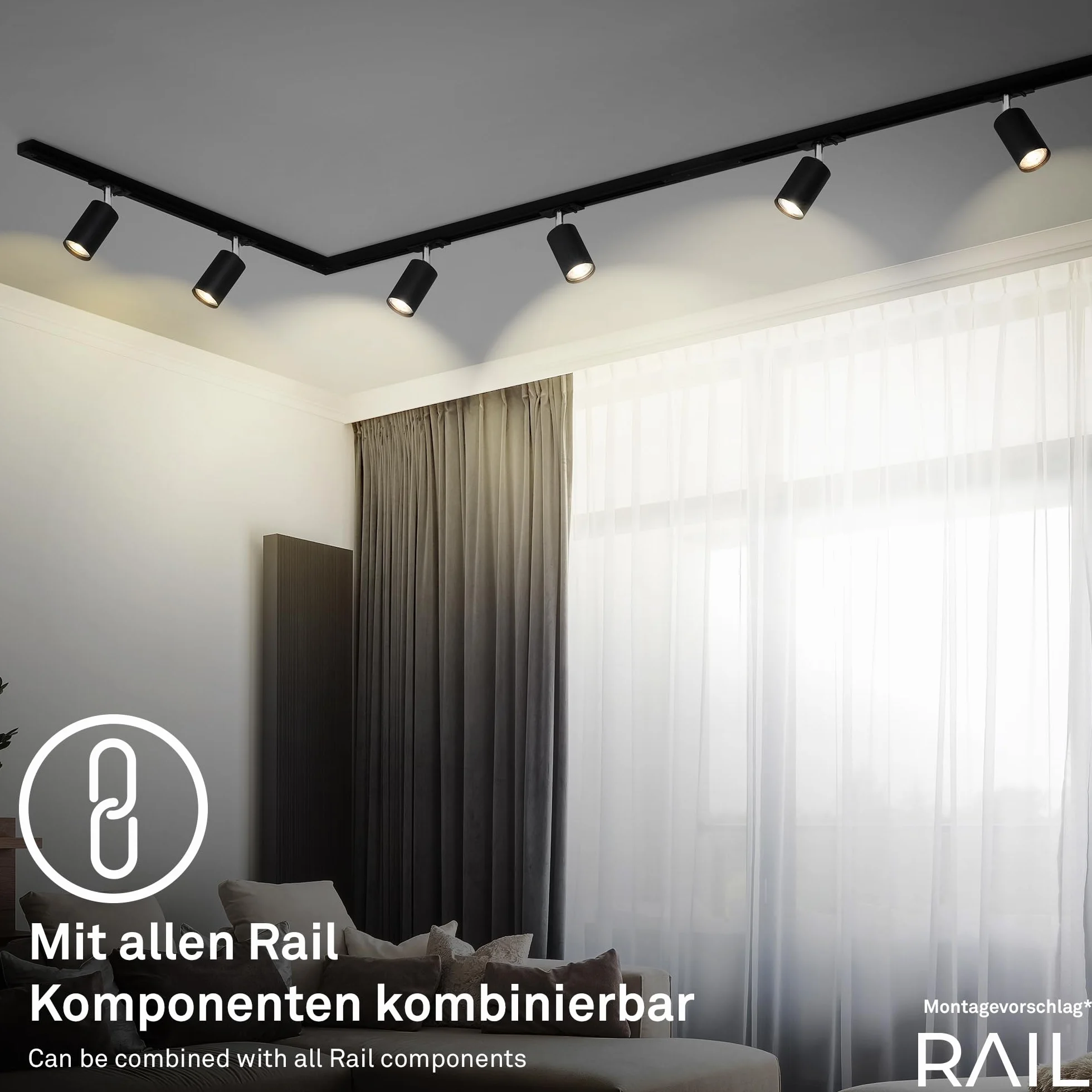 BRILONER - System szyn szynowych, kompletny zestaw, 6x GU10 reflektory obrotowe, kształt U/Z, system szyn oświetleniowych do sufitu, szyna punktowa, lampa sufitowa, lampa sufitowa, reflektor punktowy
