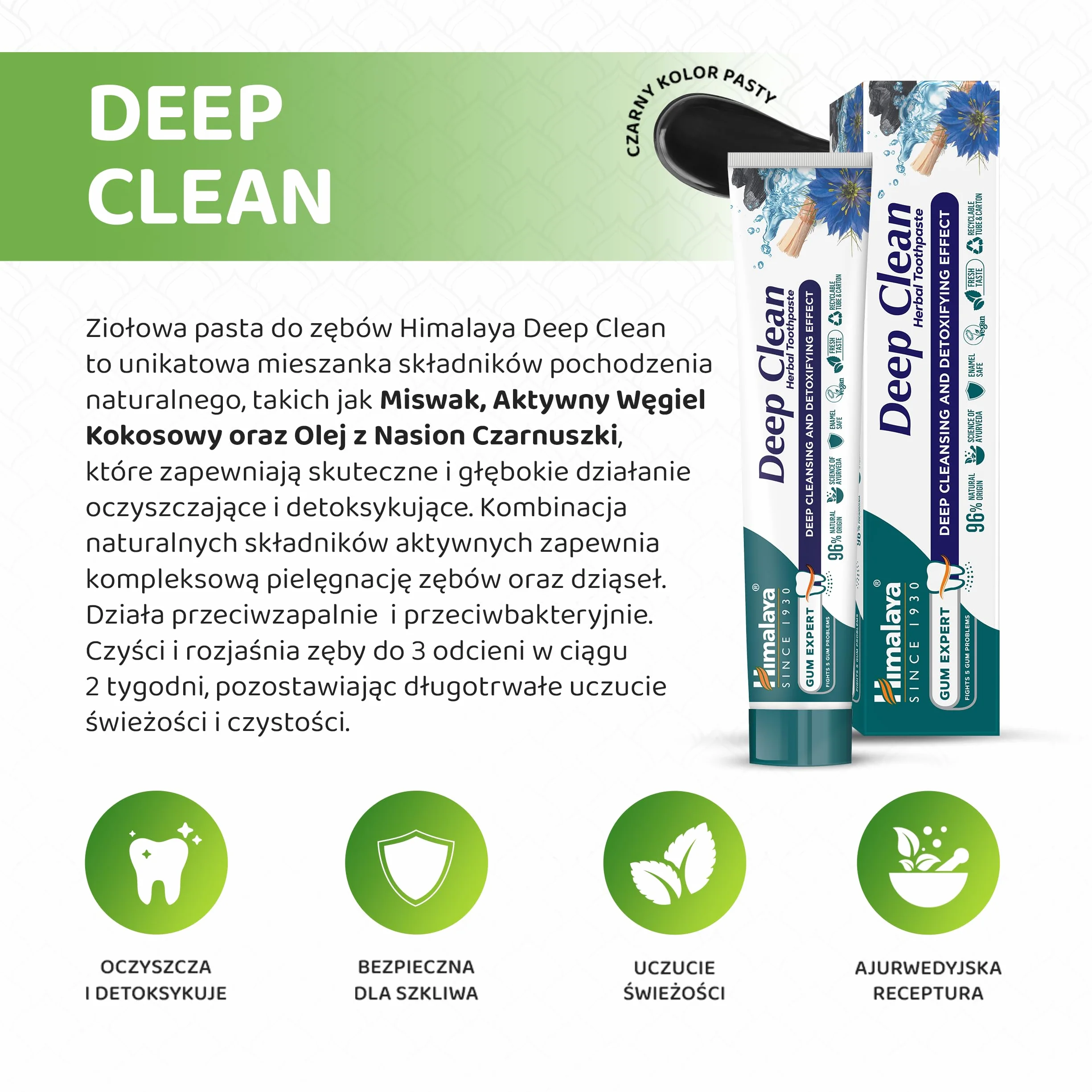 Himalaya Deep Clean Ziołowa Pasta do Zębów 75ml – Głęboko Oczyszczająca, 96% Składników Naturalnego Pochodzenia, Bez Fluoru, Technologia Enzymów Roślinnych, Z Miswakiem i Olejem z Czarnuszki