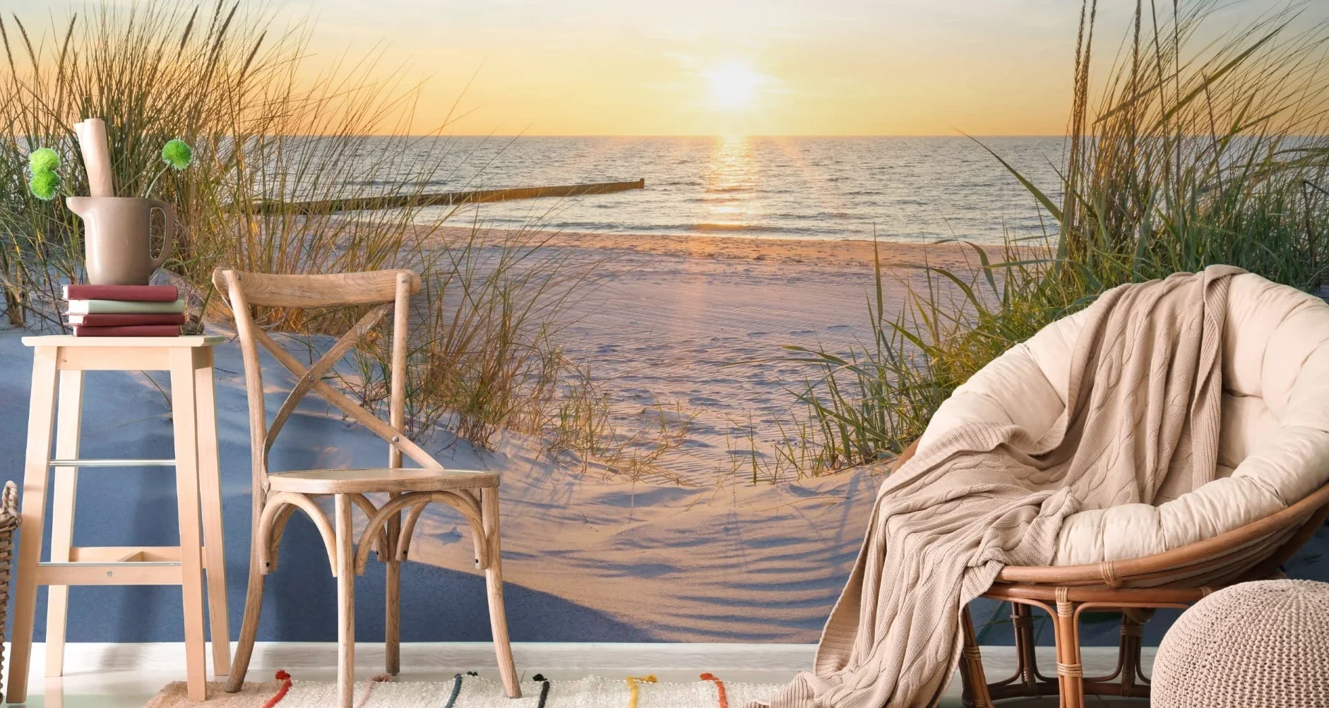 Muralo Fototapeta plaża, morze, wydmy, słońce, niebo, woda, krajobraz, natura, efekt 3D, nowoczesna tapeta ścienna, dekoracja ścienna do salonu, sypialni, jadalni, szer. 312 cm x wys. 219 cm