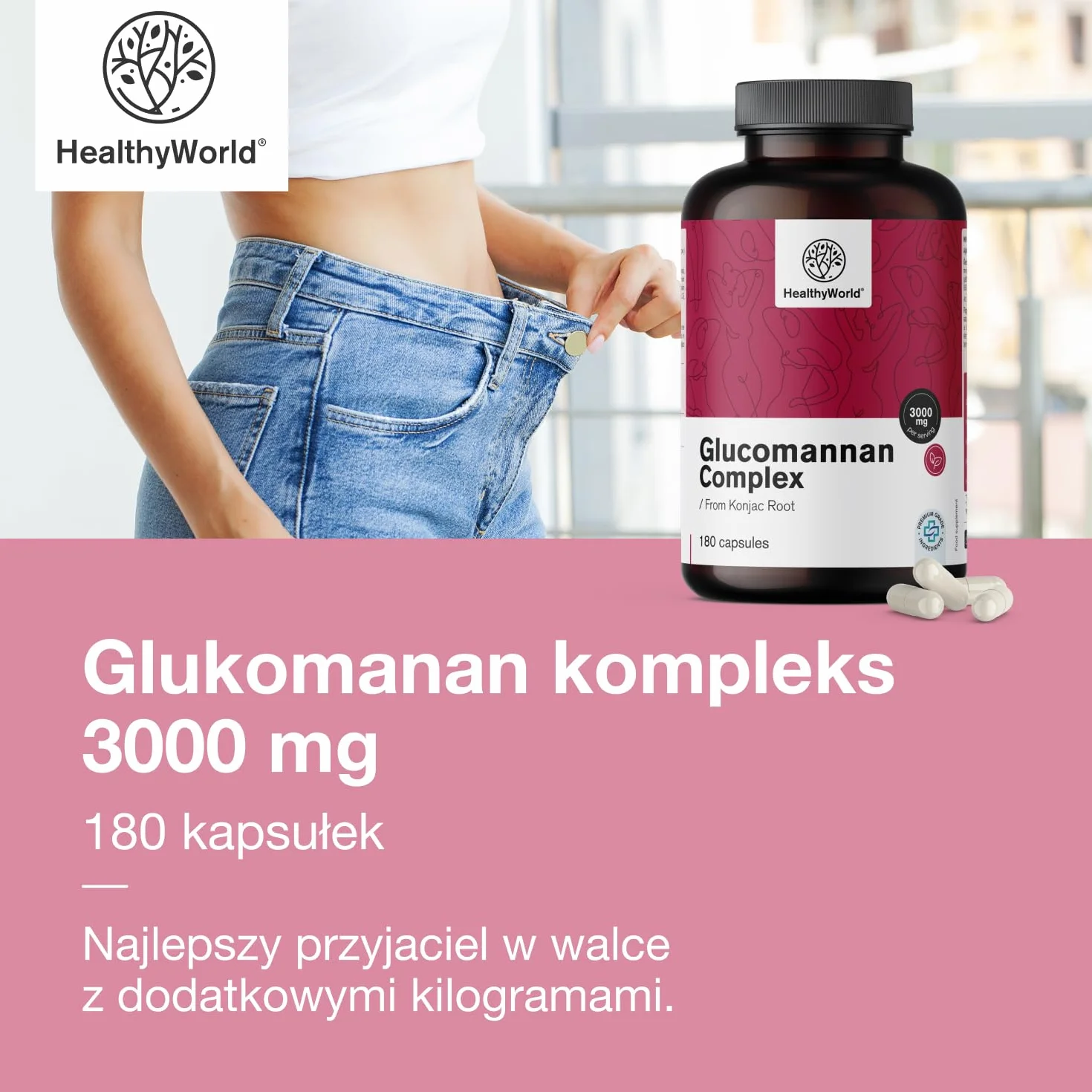 HealthyWorld Glukomanan kompleks 3000 mg – Z Korzenia Konjac - 180 kapsułek - Wsparcie w Odchudzaniu - Z dodatkiem Choliny, Chromu, Witaminami D3 i B3 - Wolny od GMO - 1-miesięczny Zapas