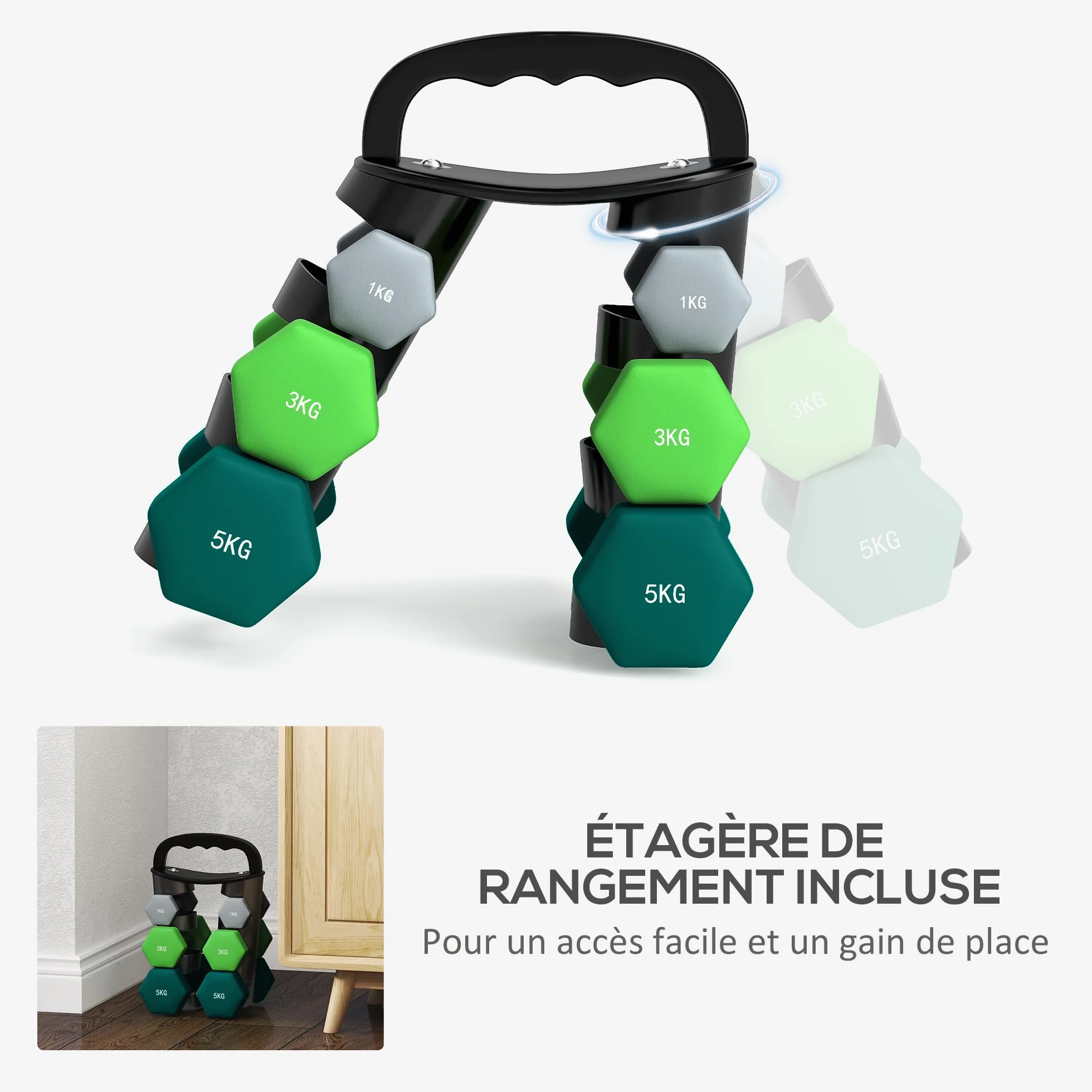 SPORTNOW Zestaw hantli sześciokątnych, 2 x 1 kg, 2 x 3 kg, 2 x 5 kg, z możliwością wymiany hantli, do treningu w domu, kettlebell, do podnoszenia ciężarów