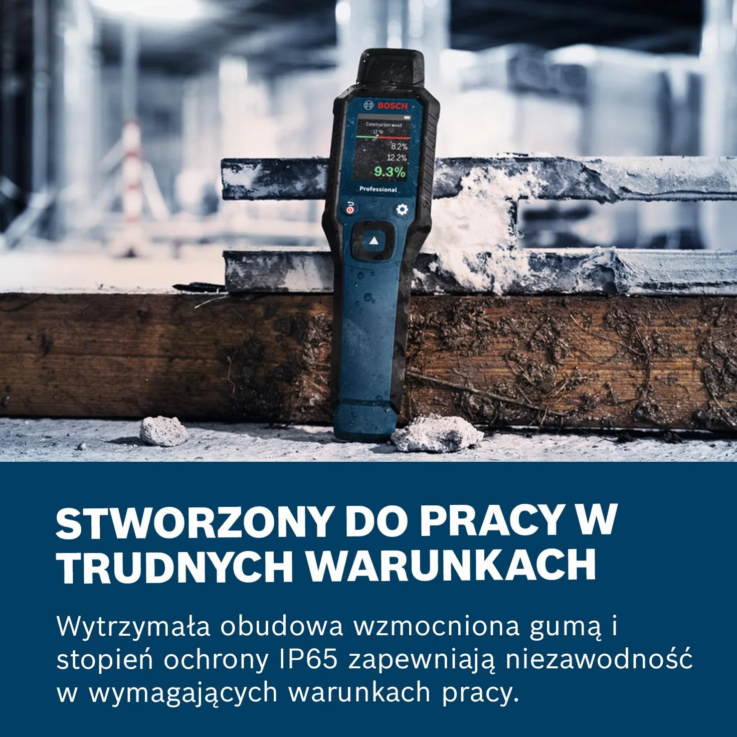 Bosch Professional Wilgotnościomierz GMP 1-13 (z pinami, mierzy 37 rodzajów drewna i 10 rodzajów materiałów budowlanych, IP65, wyświetlacz LCD o wysokim kontraście, 2 baterie AA, pokrowiec)