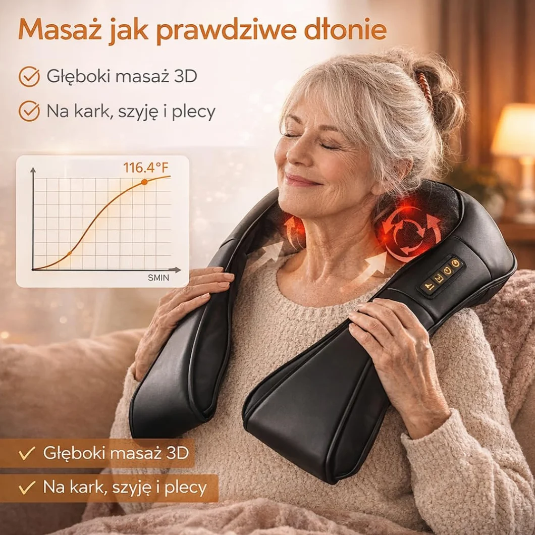 Masażer Shiatsu do Karku i Pleców z Podgrzewaniem – Elektryczny Masażer Ugniatający do Szyi, Ramion i Pleców, Relaks w Domu i Biurze MM Infinity Love