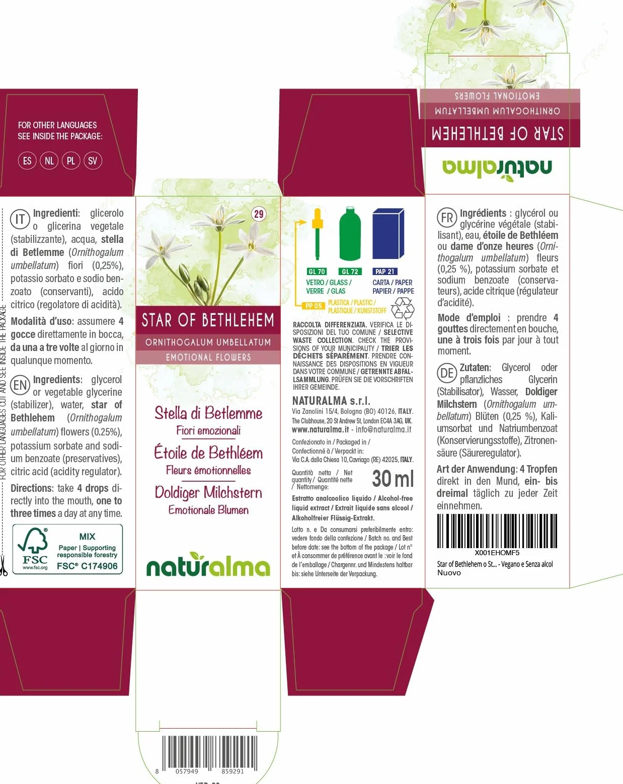 Naturalma Krople 30 ml Płynny ekstrakt bezalkoholowy Esencje kwiatowe Star of Bethlehem Ornithogalum umbellatum
