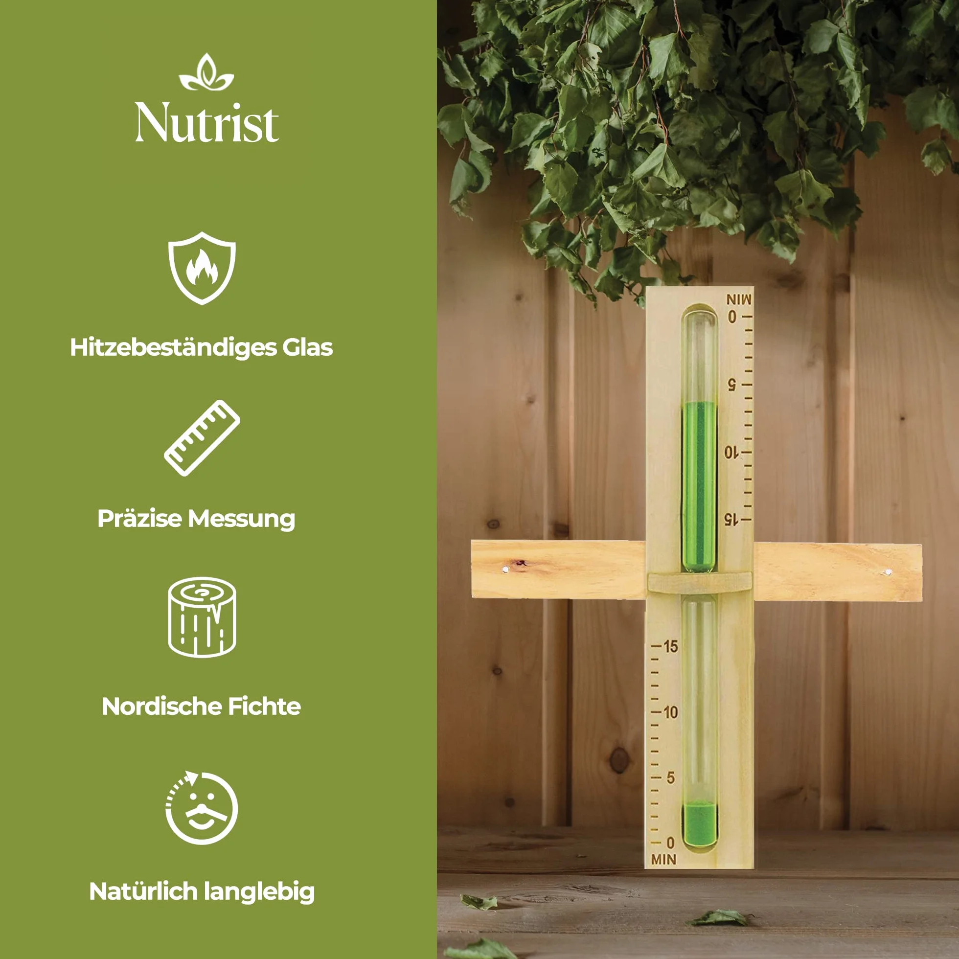 Klepsydra do sauny, 15 minut, w 100% zrównoważona gospodarka leśna, zielony piasek naturalny + 2 śruby ze stali nierdzewnej, szkło wytrzymałe i odporne na wysokie temperatury, zegar do sauny,