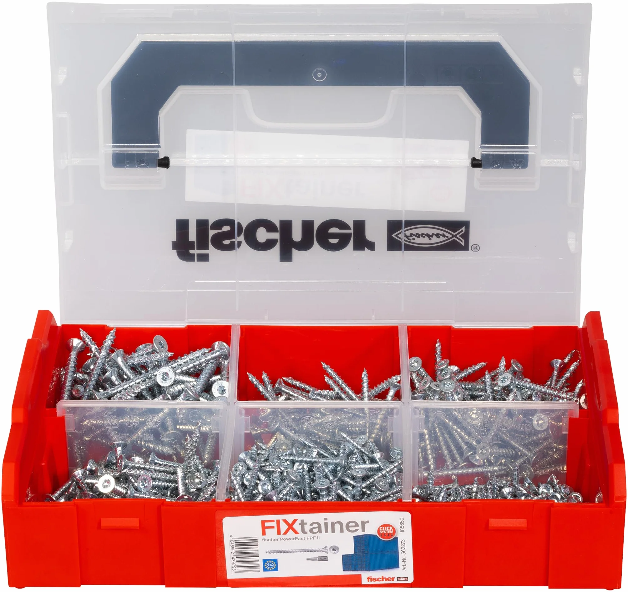 Wkręty do płyt wiórowych fischer FixTainer PowerFast II, wstępnie posortowane pudełko asortymentowe z 700 wkrętami i 2 końcówkami, łeb stożkowy, pełny gwint i napęd TX, uniwersalny zestaw mocujący
