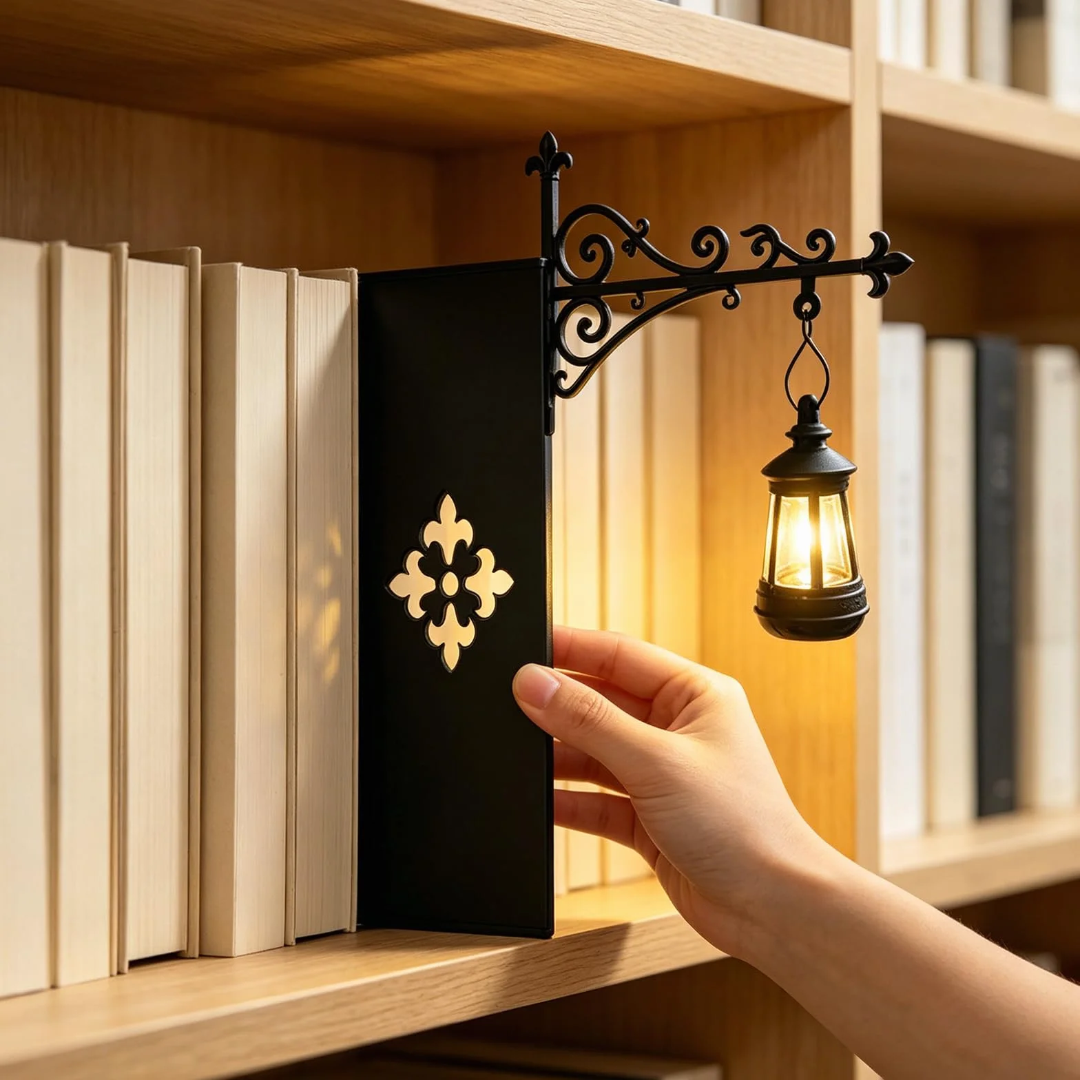 Latarnia biblioteczna – dekoracyjne oświetlenie regału na książki, lampka nocna LED do kącika do czytania, metalowe lampy do biblioteczki, oprawy oświetleniowe stołowe/biurkowe w stylu vintage
