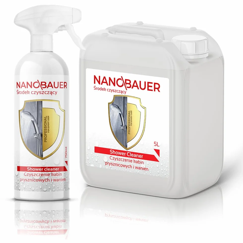 Supermocny i skuteczny środek czyszczący do kabin prysznicowych | NANOBAUER Shower Cleaner | Środek czyszczący do kabin prysznicowych do usuwania kamienia | Pojemność 5L + 750ml