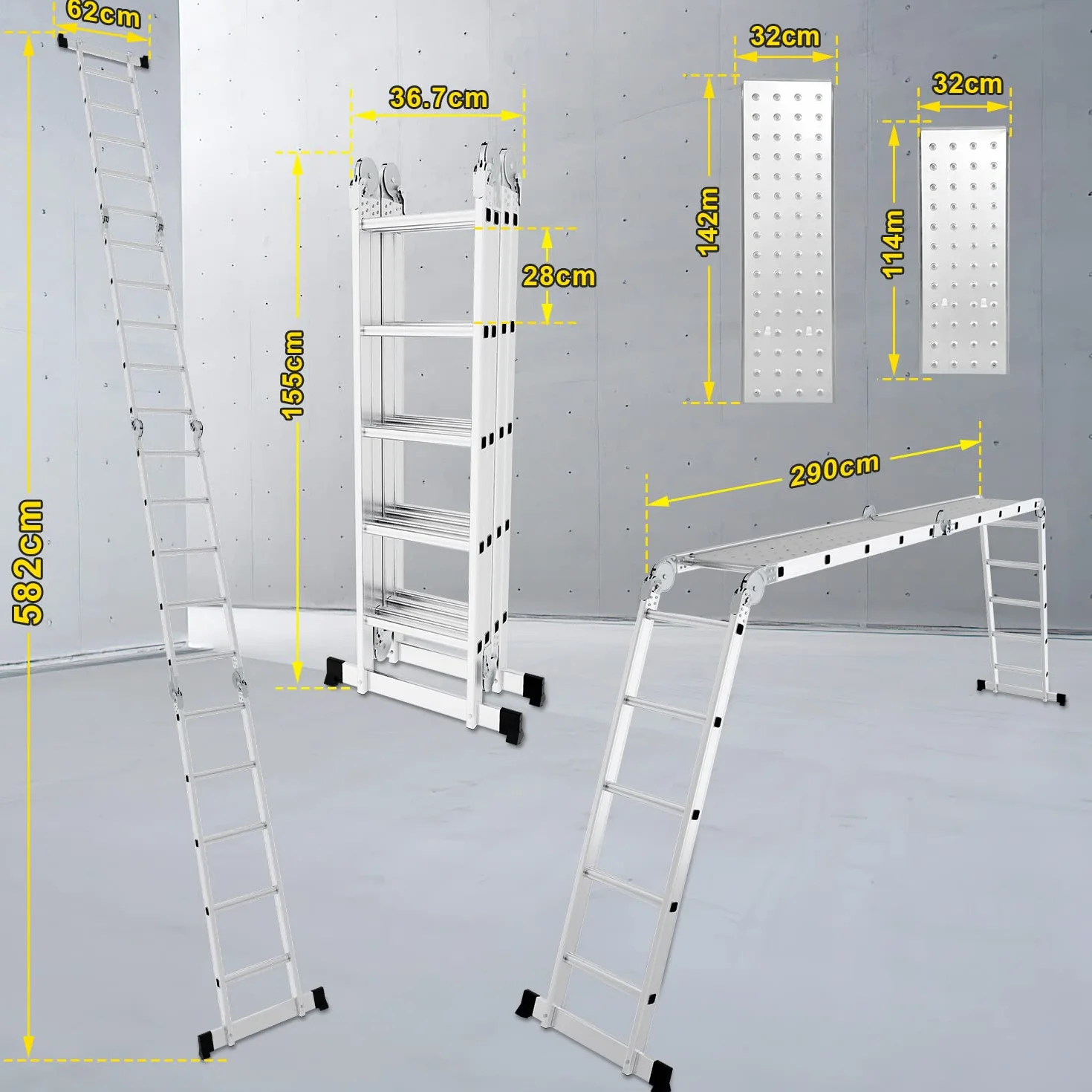 Randaco Wielofunkcyjna drabina 7 w 1, 582 cm, 4 x 5, aluminiowa, wielofunkcyjna, z 2 platformami i kółkami, drabina wielofunkcyjna, 20 szczebli, maks. obciążenie 150 kg, drabina przegubowa