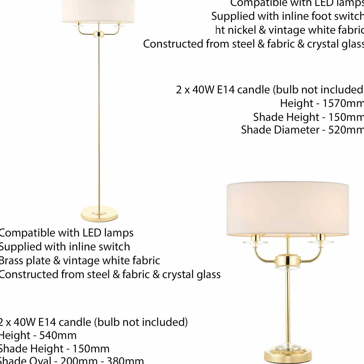 1570 mm podłoga i 540 mm pasujący zestaw lamp stołowych | Mosiądz, kryształ i vintage biały odcień Twin | Nowoczesny styl ładny salon salon sypialnia przy łóżku podwójne światło zestaw | Wolnostojący