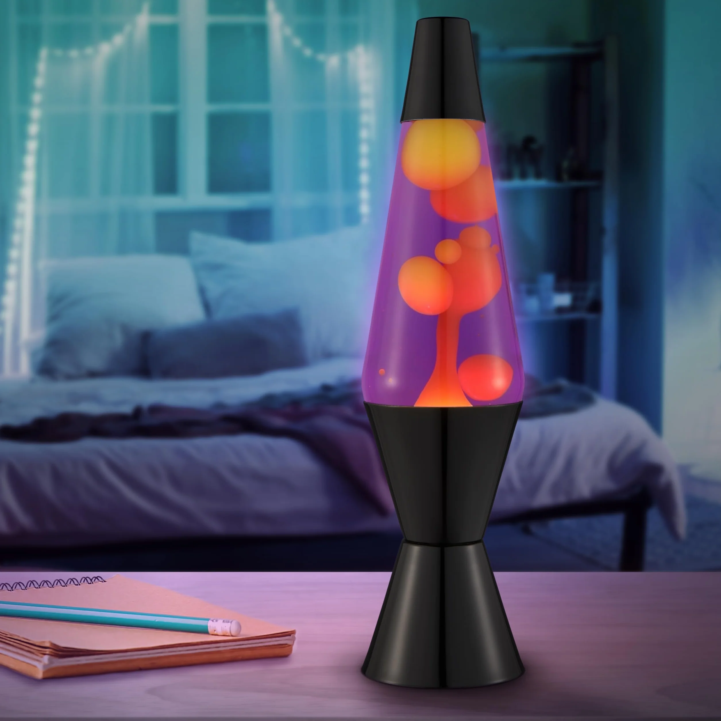 LAVA® - Lampa Lava 2323, żółty wosk, fioletowa ciecz, czarna podstawa i czapka, oryginalna 14,5 cal lampa ruchowa marki LAVA®