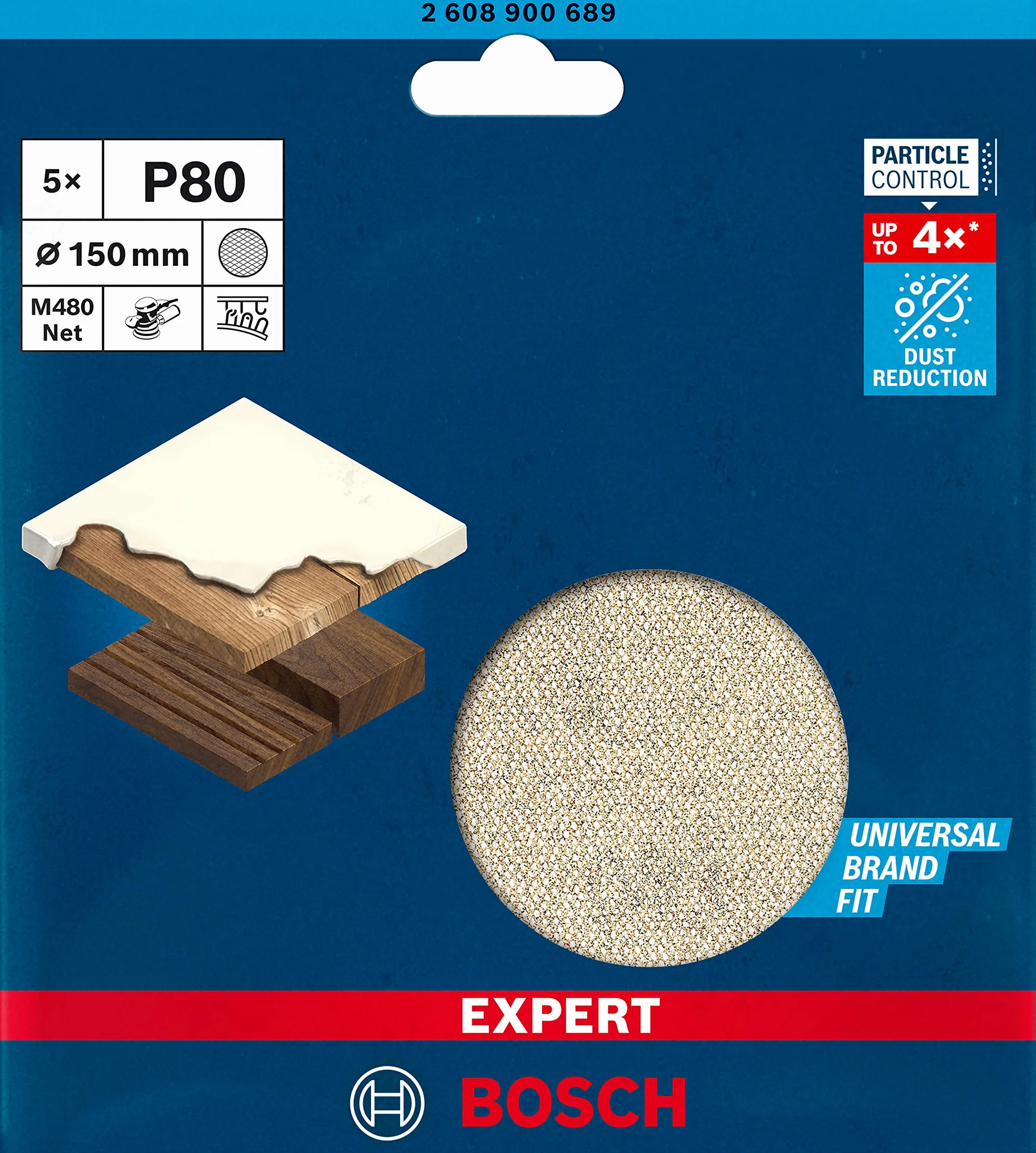 Bosch 5x Siatki ścierne EXPERT M480 (do Farba na drewnie, Twarde drewno, Ø 150 mm, Ziarnistość 80, Professional Akcesoria Szlifierka mimośrodowa, Szlifierka oscylacyjna)