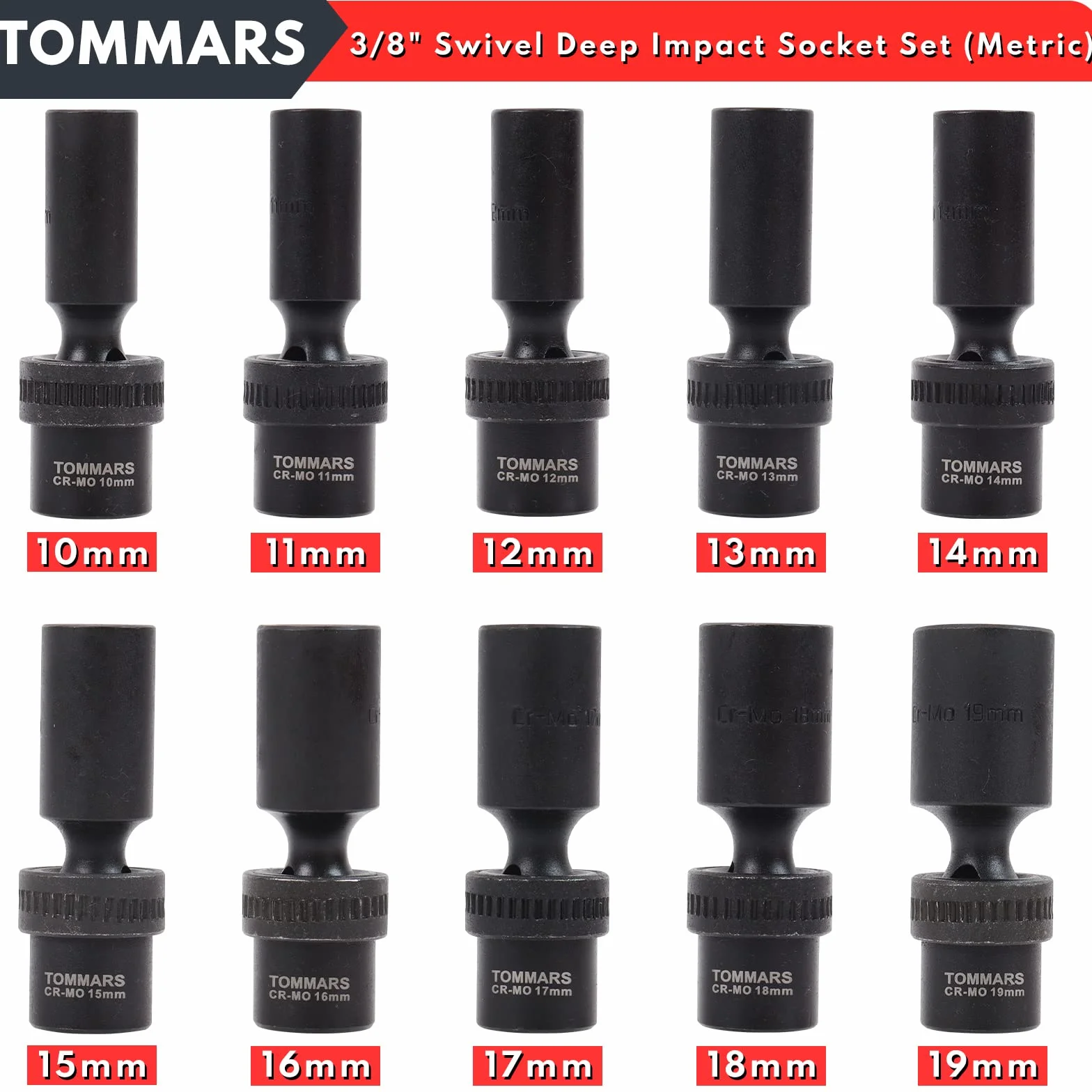 TOMMARS Uniwersalny zestaw nasadek udarowych 3/20.3 cm, głębokie, 6-punktowy zestaw elastycznych gniazd, metryczny, 10-19 mm, stal CR-MO