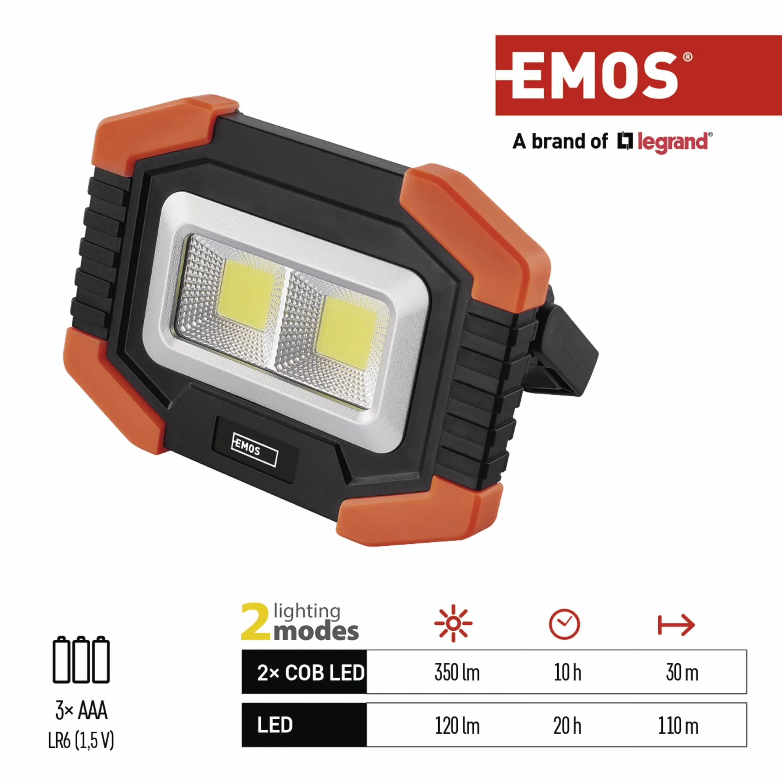EMOS Lampa robocza LED, mały, przenośny reflektor roboczy, jasność 350 lm, zasięg świecenia 110 m, 2 tryby świecenia, zasilanie bateryjne, czas świecenia do 20 godzin, obrotowy uchwyt