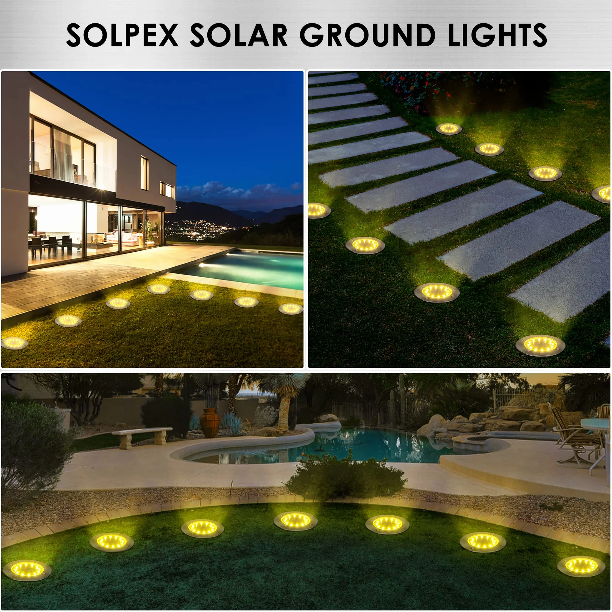 Solpex Zestaw 8 sztuk solarnych lamp gruntowych do ogrodu, 12 diod LED, Ciepła biel, ze stali nierdzewnej, wodoszczelne, na taras, trawnik, podwórko, chodnik