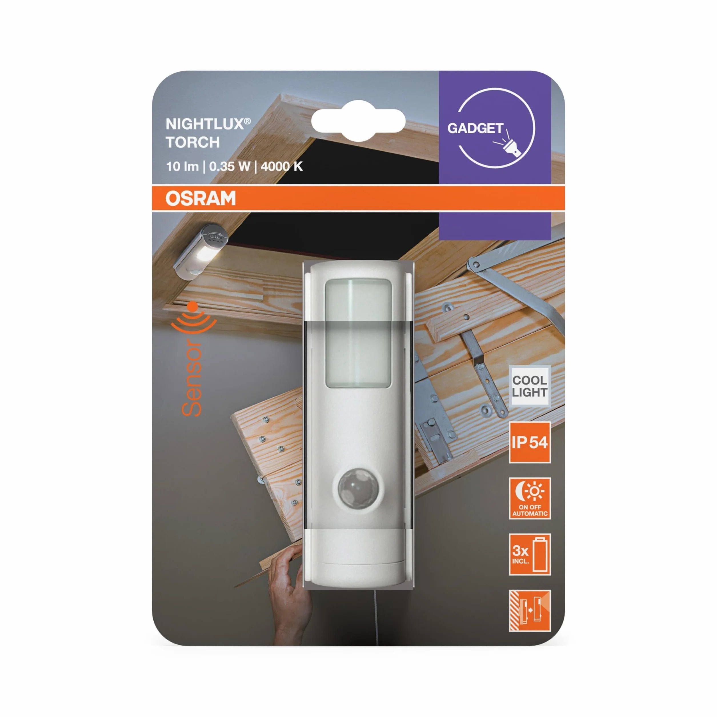 OSRAM Lampka nocna Torch LED z czujnikiem ruchu, biała, funkcja latarki 2 w 1, czujnik światła, zasilana bateryjnie, wodoszczelność IP54