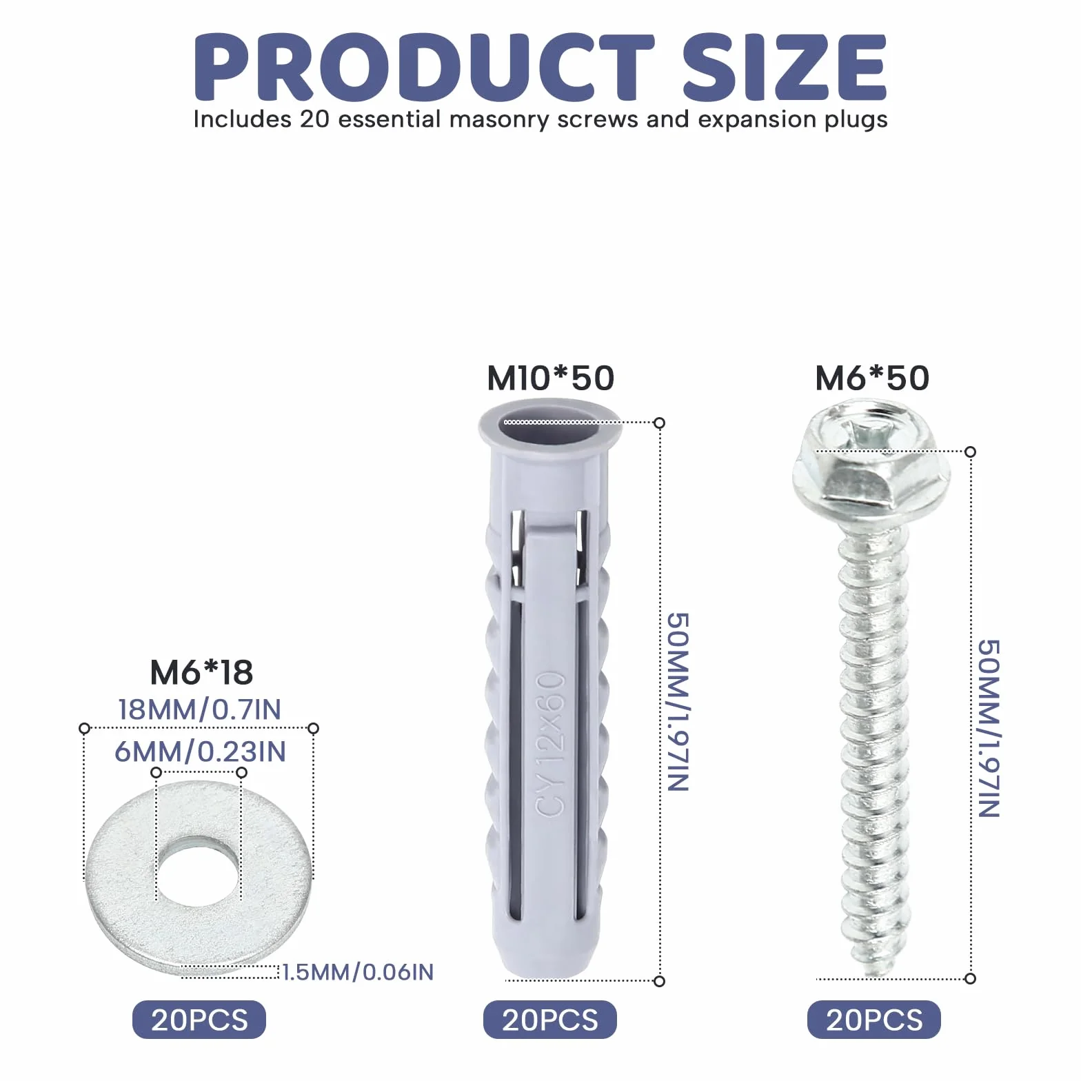 20 sztuk wytrzymałych kołków 8 mm ze śrubami M6 x 50 mm, kołki do dużych obciążeń z sześciokątnymi śrubami i podkładkami, kołek do płyt gipsowo-kartonowych do mocowania na płytach gipsowo-kartonowych