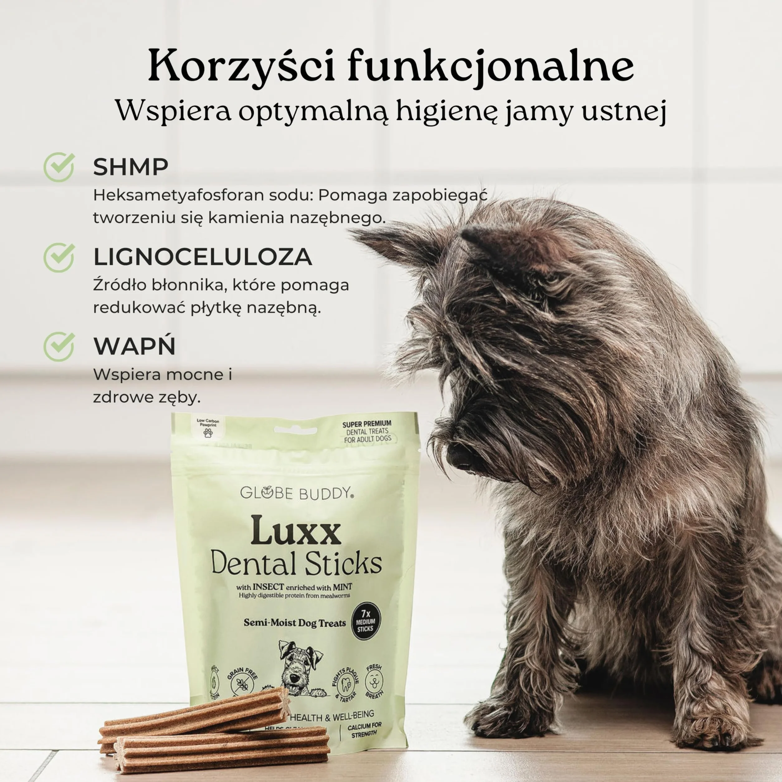 Luxx Dentystyczne Przysmaki dla Psów – Bezzbożowe Gryzaki z Białkiem z Owadów, Miętą & SHMP – Ogranicza Płytkę i Kamień – 7 Super Premium Smakołyków (250g)