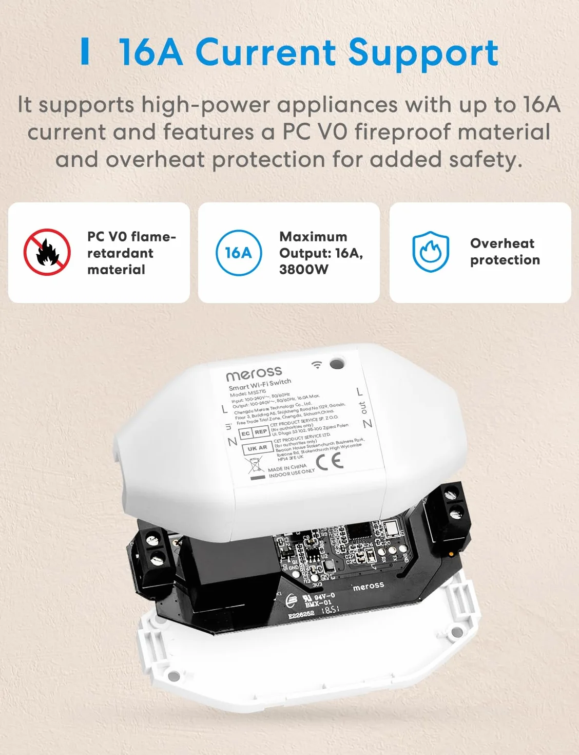 Meross Przełącznik Wi-Fi Matter, inteligentny przełącznik 16 A z pomiarem energii, inteligentny przełącznik modułowy kompatybilny z Apple Home, Alexa i Google Home, sterowanie głosowe