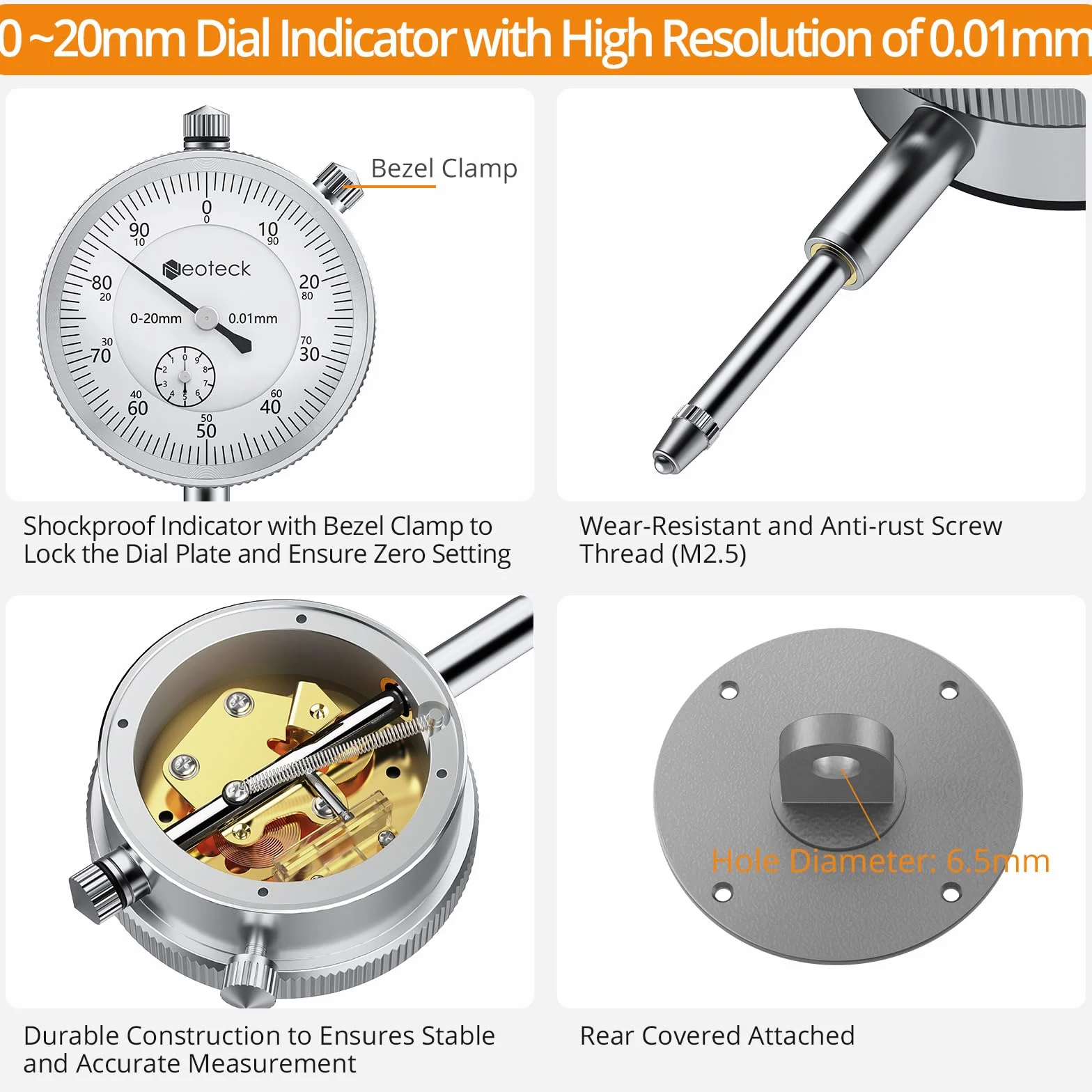 Neoteck Mechaniczny komparator 0-20 mm 0,01 mm z anodowanym prętem aluminiowym