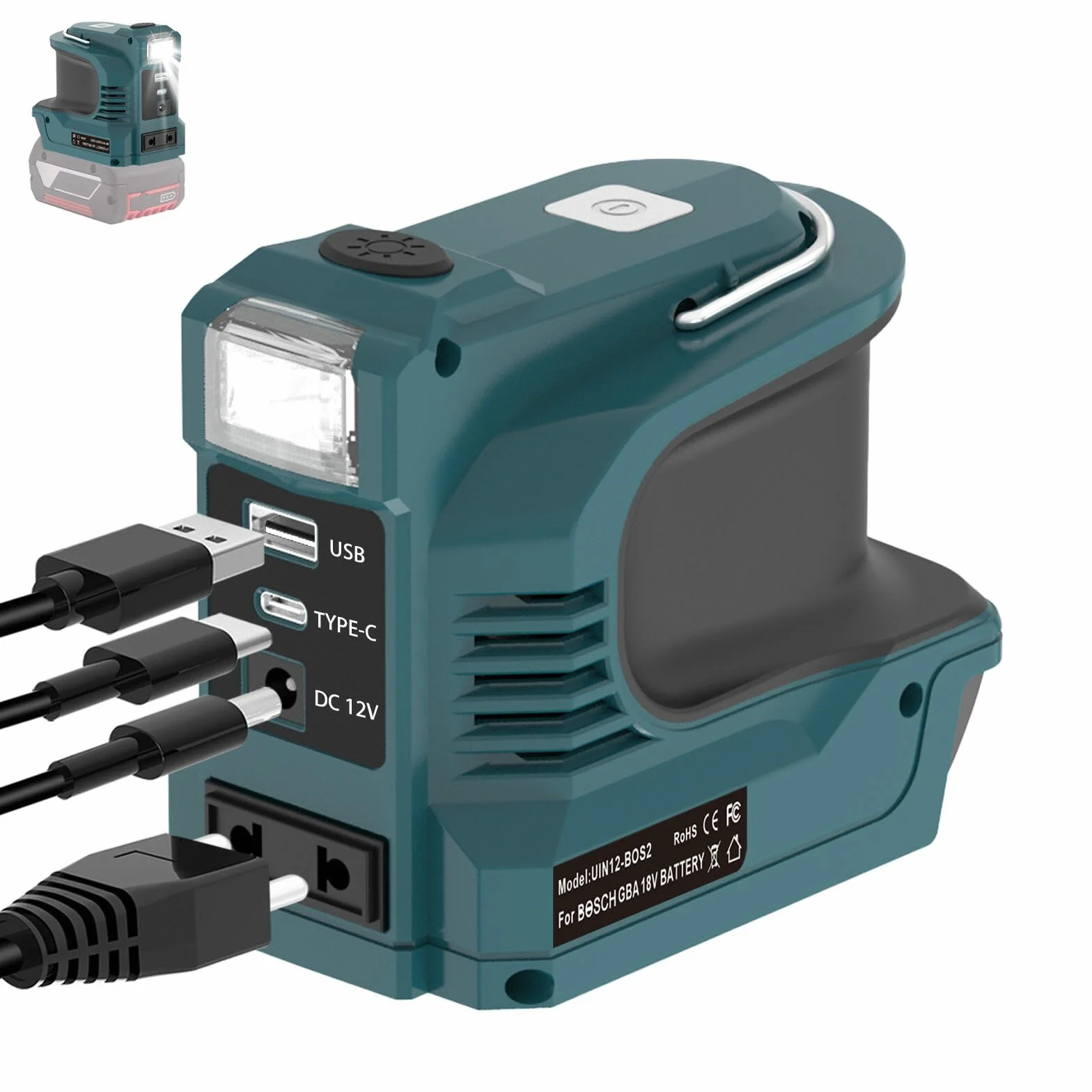 Falownik akumulatorowy 220W do akumulatora Bosch GBA 18V, przetwornik napięcia DC 18V na AC 220V adapter ze złączem USB typu C DC12V i lampą LED, agregat awaryjny do campingu (akumulator nie jest