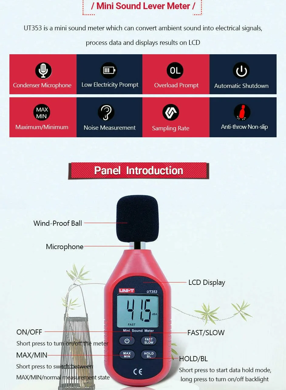UNI-T Hygrometer UT353 UT353BT Sound Level Bluetooth Meter Digital Noise Measuring Tester 30-130dB Professional Decibel Monitor dB Detector(UT353)