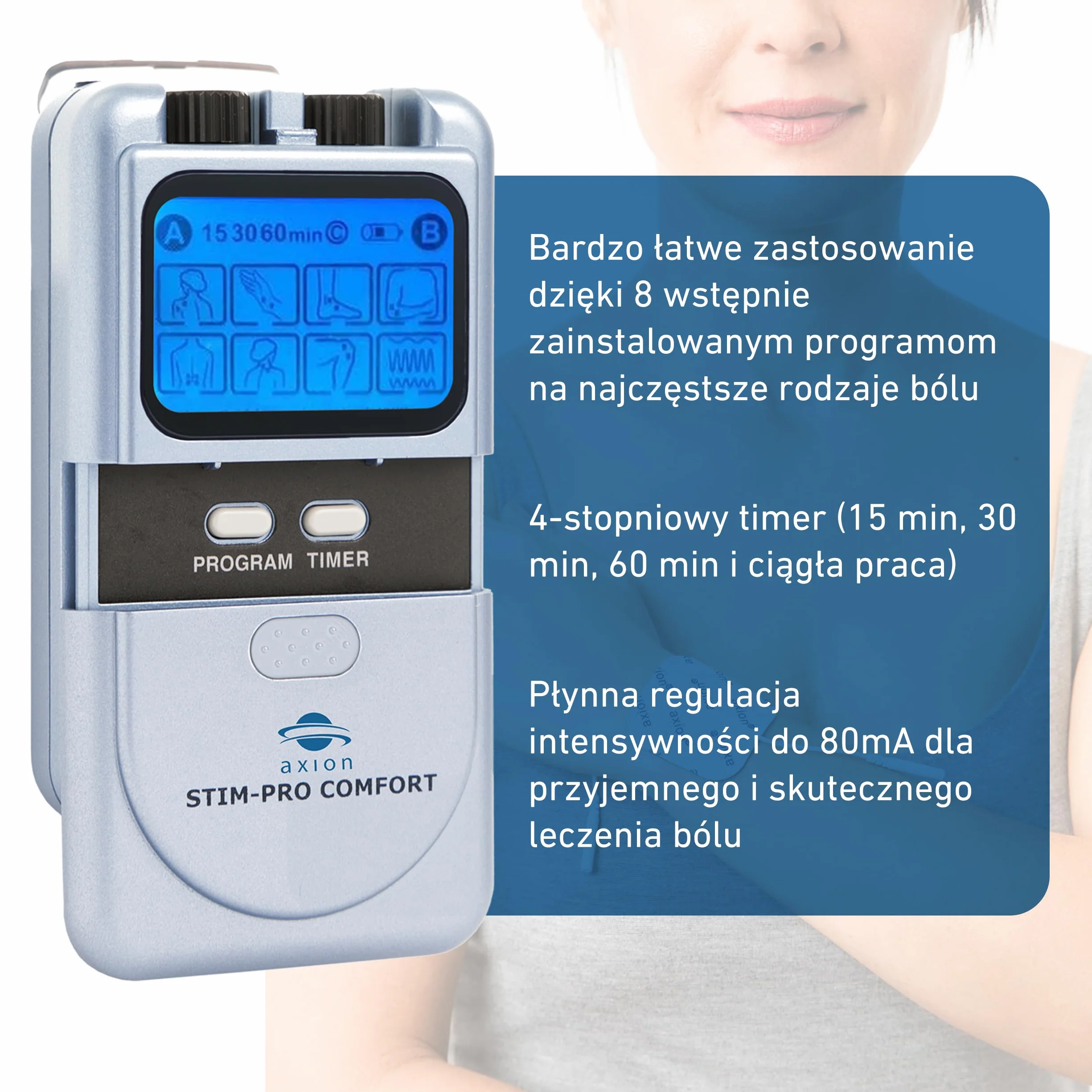 2 kanałowy elektrostymulator tens STIM-PRO Comfort z 4 elektrodami żelowymi