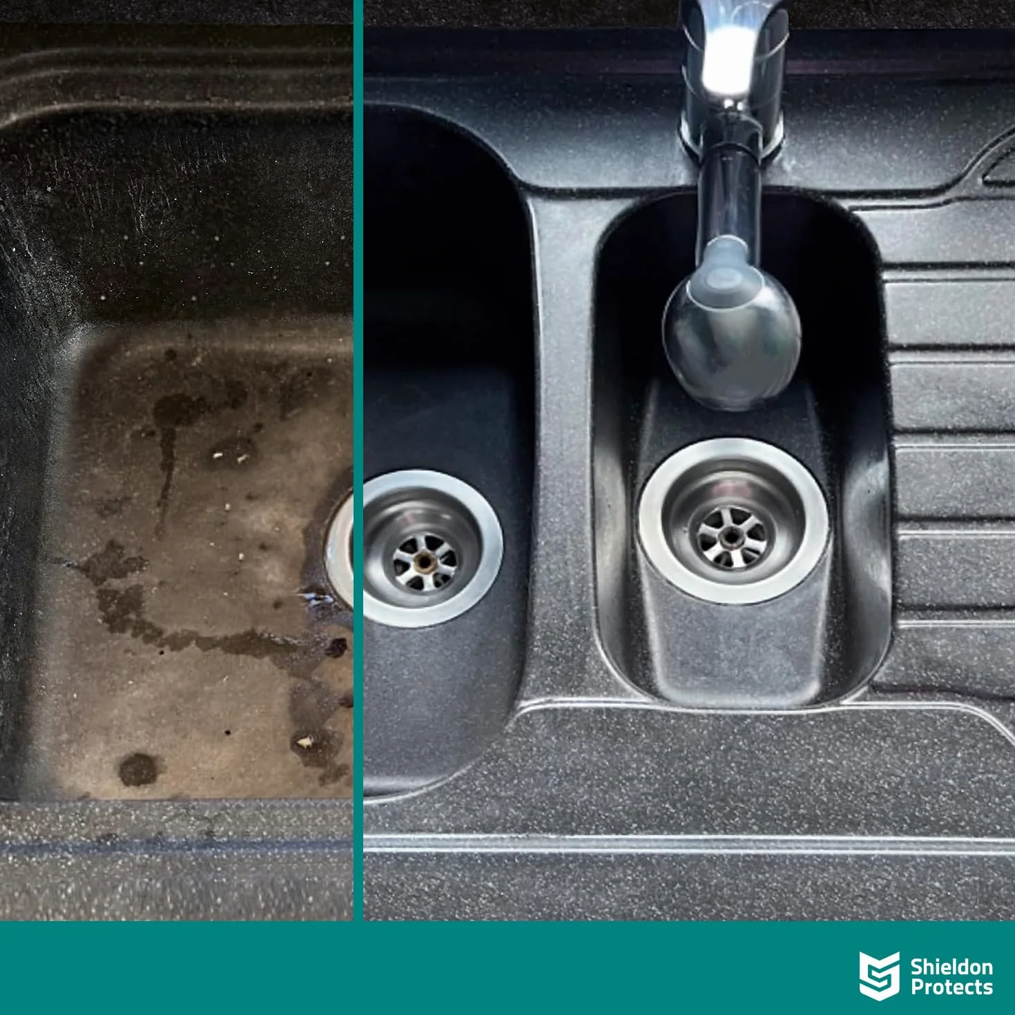 Shieldon Protects Sink Restorer - Zestaw do czyszczenia i renowacji zlewu granitowego, 3-etapowy system - silny środek do czyszczenia, odkamieniacz, impregnat + ściereczka z mikrofibry i 2 gąbki
