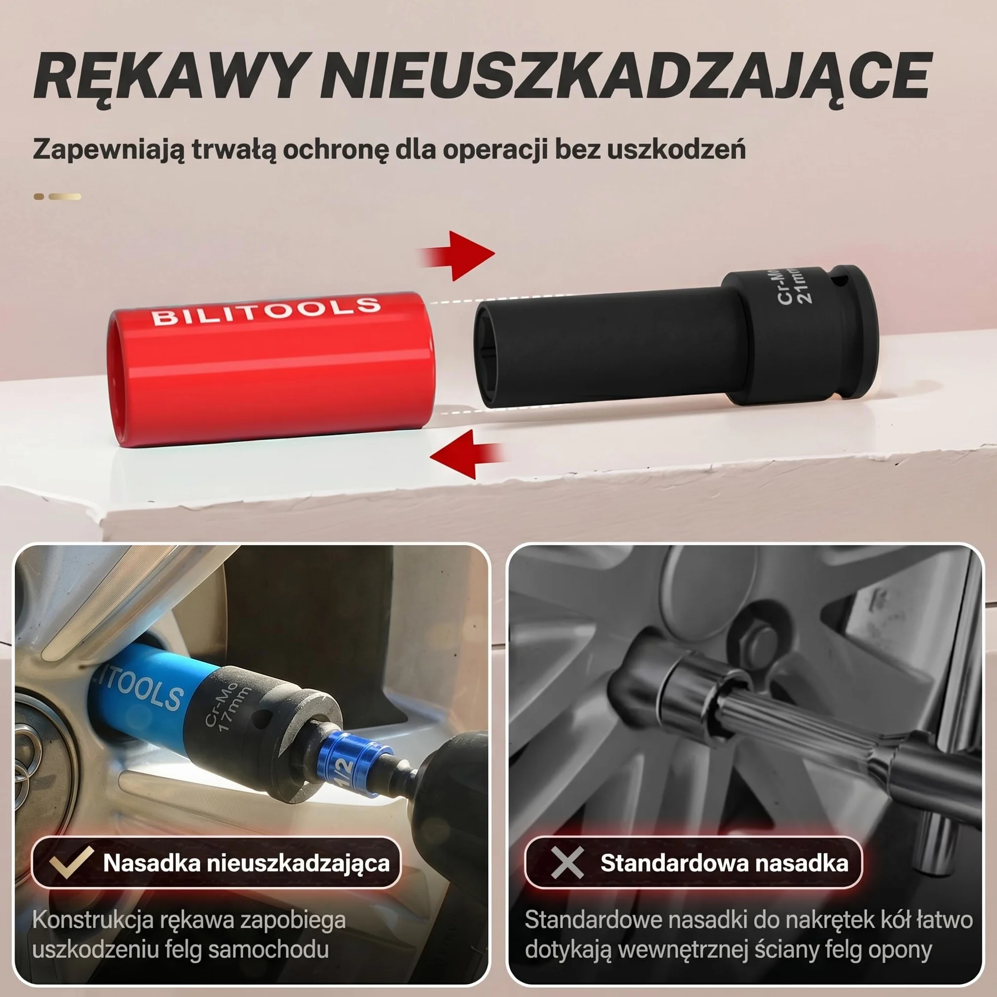 BILITOOLS 1/5.1 cm zestaw nasadek nasadowych z nasadką udarową, 15 17 19 21 22 mm niebrudzące się cienkie koło ścienne osłona nakrętki nasadowej