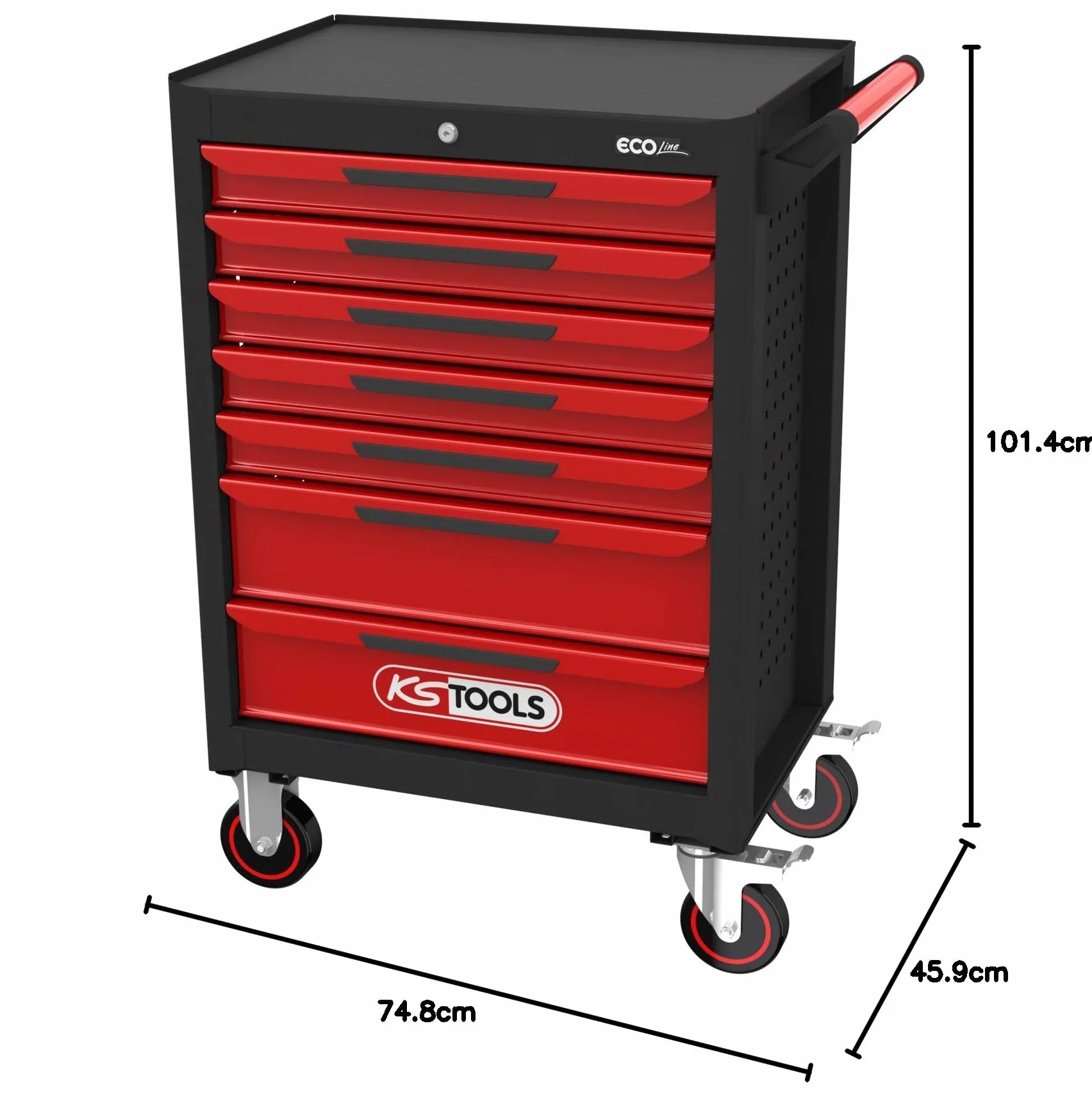 KS Tools 897.7598 ECOline CZARNY/CZERWONY wózek warsztatowy z 7 szufladami i zestawem narzędzi Premium, 598 części