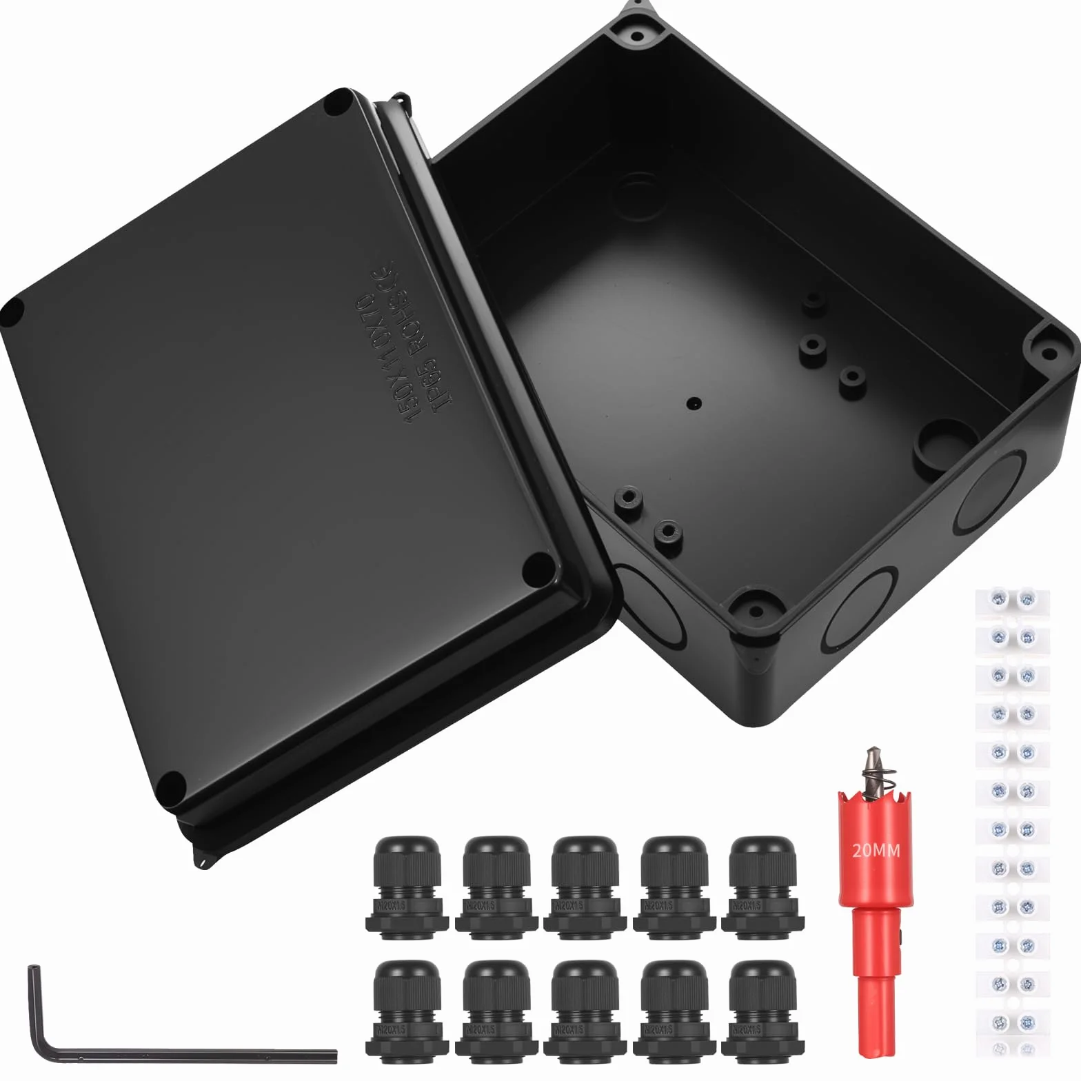 Puszka przyłączeniowa IP65, wodoszczelna, do montażu powierzchniowego, skrzynka instalacyjna z otwornicą 20 mm, (czarna) puszka kablowa ABS - 150 x 110 x 70 mm