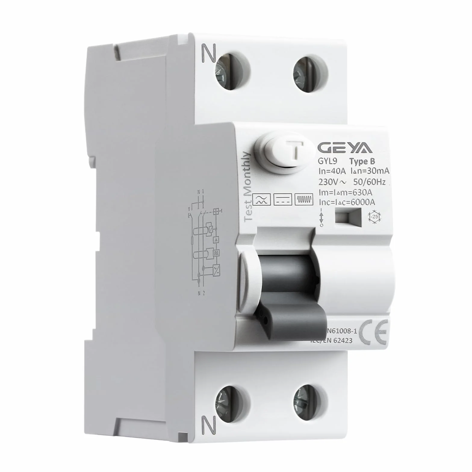GEYA Elektromagnetyczny wyłącznik różnicowo-prądowy różnicowy, wyłącznik bezpieczeństwa(Type B-2P-40A-0.03A)