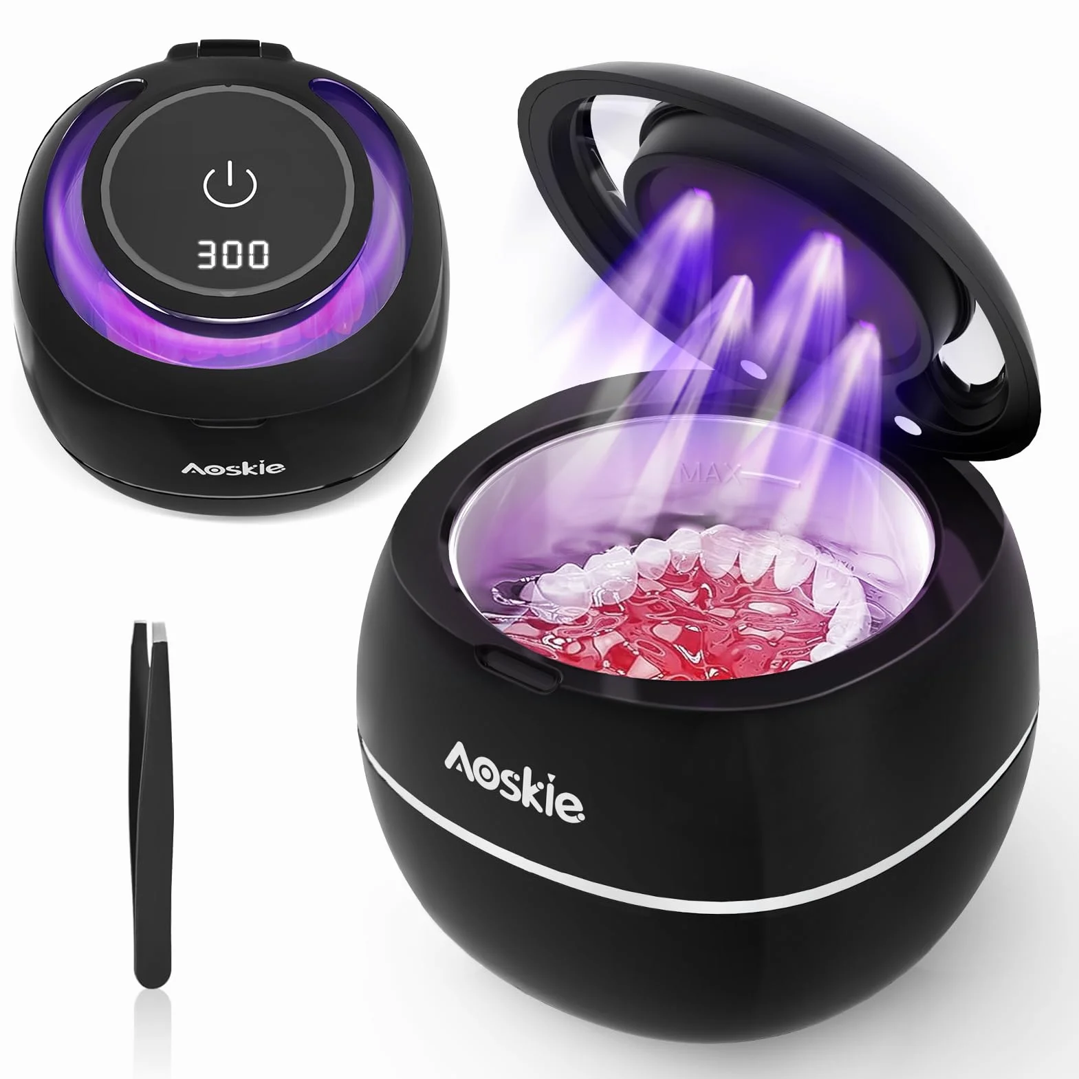 Aoskie 42kHz/30W Ultrasoniczny oczyszczacz do protez zębowych, alignerów, ochraniacz na usta, biżuteria, główka szczoteczki do zębów, ultradźwiękowe urządzenie czyszczące 180ML Przenośne urządzenie