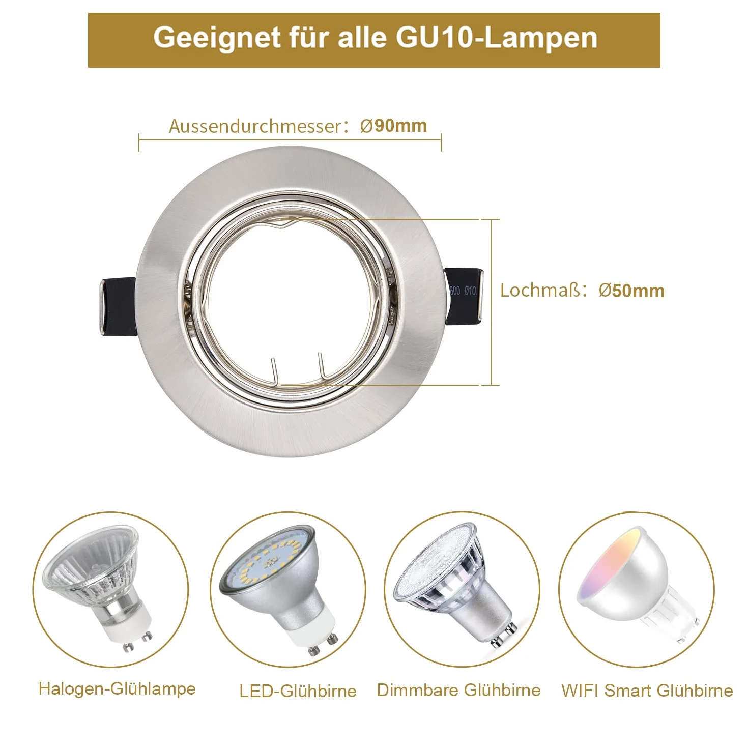 Zestaw 6 Reflektorów LED do Zabudowy, Rama GU10, Wychylna, Okrągła, 230 V, Stal Nierdzewna, Szczotkowana, Lampa Sufitowa Punktowa z Oprawką GU10 LED/Halogen