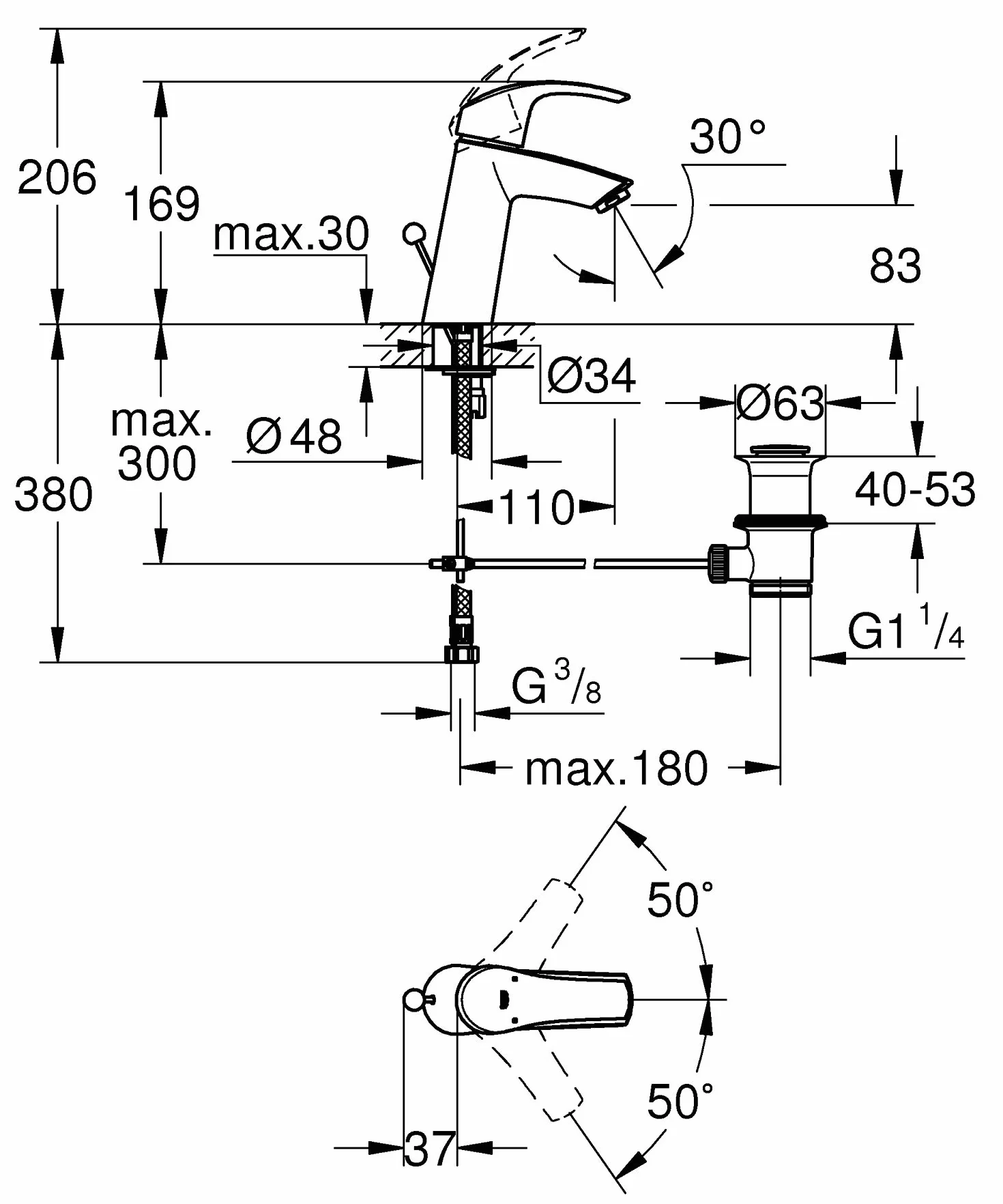 GROHE Eurosmart - Bateria umywalkowa z zestawem odpływowym (średnio wysoka wylewka, metalowa dźwignia, technologia oszczędzania wody, głowica ceramiczna 28 mm, króćce 3/8 cala), rozmiar 169 mm, chrom