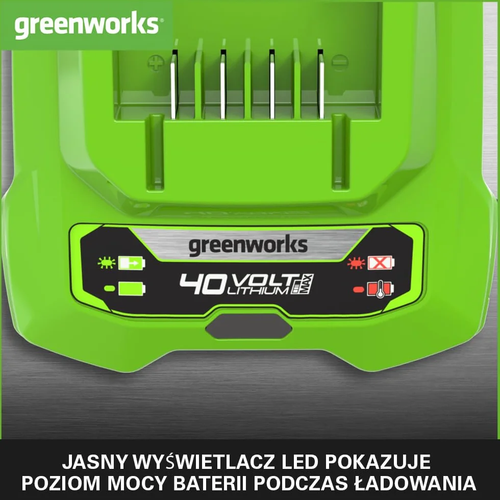 Greenworks Ładowarka 40V 2A - Uniwersalna Ładowarka 40V do Elektronarzędzi i Narzędzi Ogrodowych, Ładuje Akumulator 2Ah w 60 Min, Kompatybilna ze Wszystkimi Akumulatorami 40V, G40C