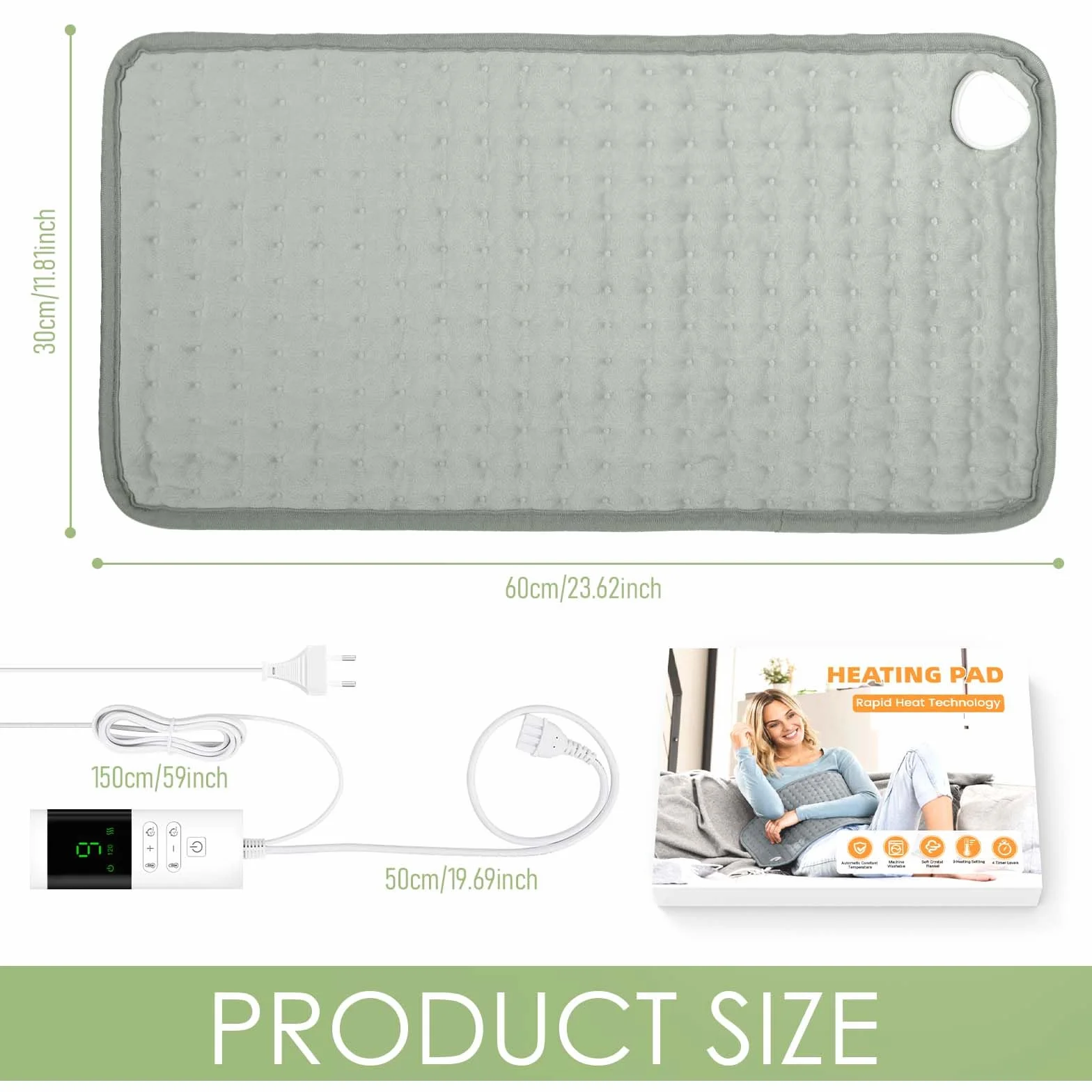 CIRULLI Podkładka grzewcza z automatycznym wyłączaniem, poduszka grzewcza 30x60cm z 9 poziomami temperatury i 4 funkcjami czasu, koc grzewczy na plecy, szyję, ramiona