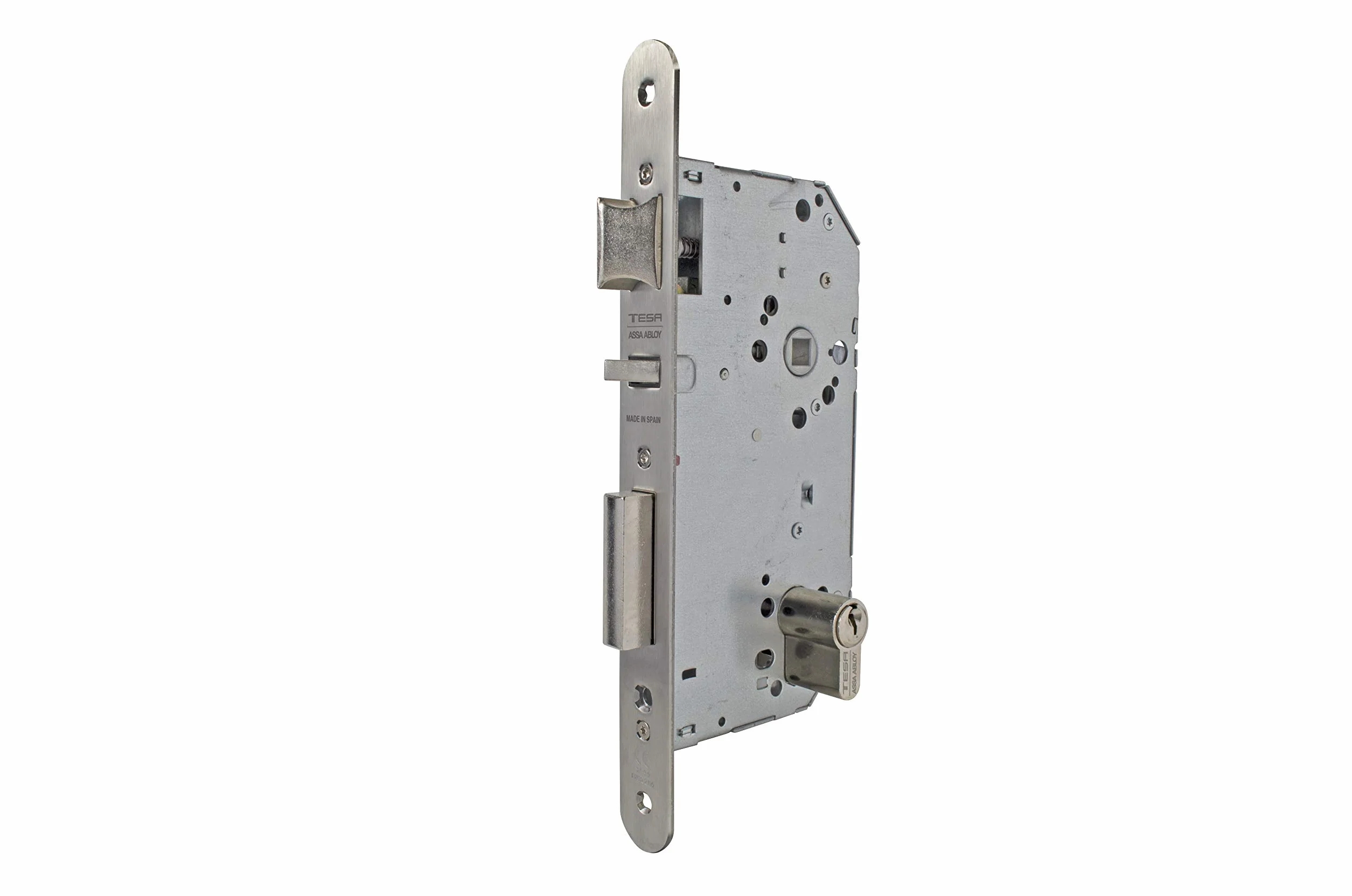 Tesa 203450AI Zamek Wpuszczany do Drzwi Drewnianych, Rozstaw 60 mm, Wykończenie szary/inox, kwadratowy szyld czołowy, Odwracalna Zapadka, Solidna Kaseta i Łatwa Wymiana