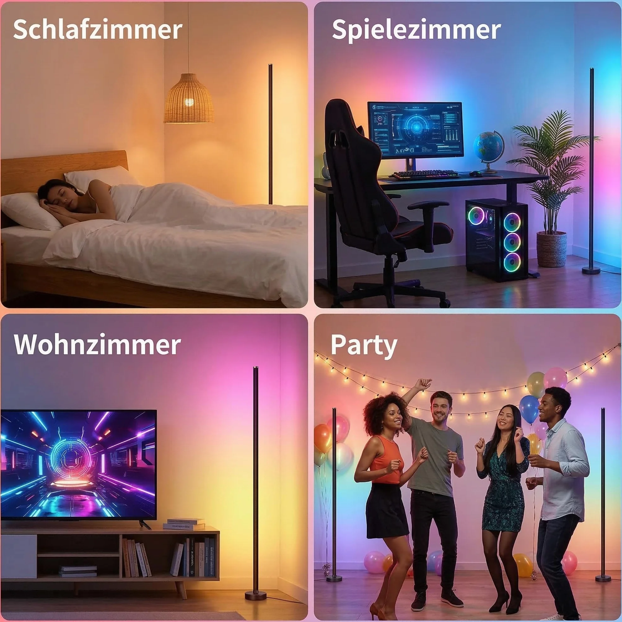 Zestaw 2 lamp stojących LED RGB, możliwość ściemniania, 120 cm, lampa narożna ze sterowaniem za pomocą aplikacji i pilotem zdalnego sterowania, synchronizacja muzyki i tryb DIY, nowoczesna