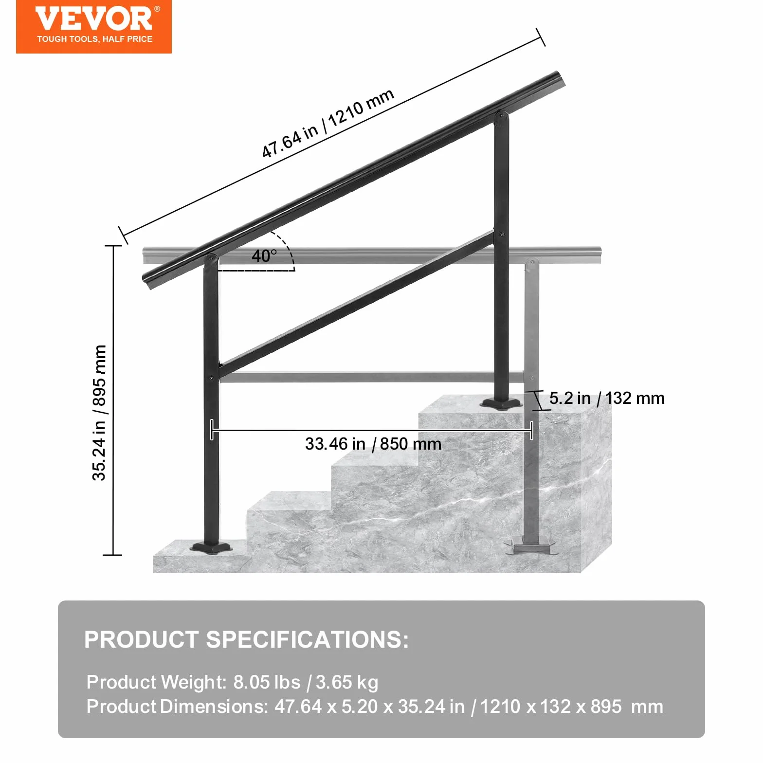 VEVOR Czarna malowana proszkowo aluminiowa poręcz do schodów zewnętrznych 3-4 stopnie 122 x 90 cm nośność 75 kg