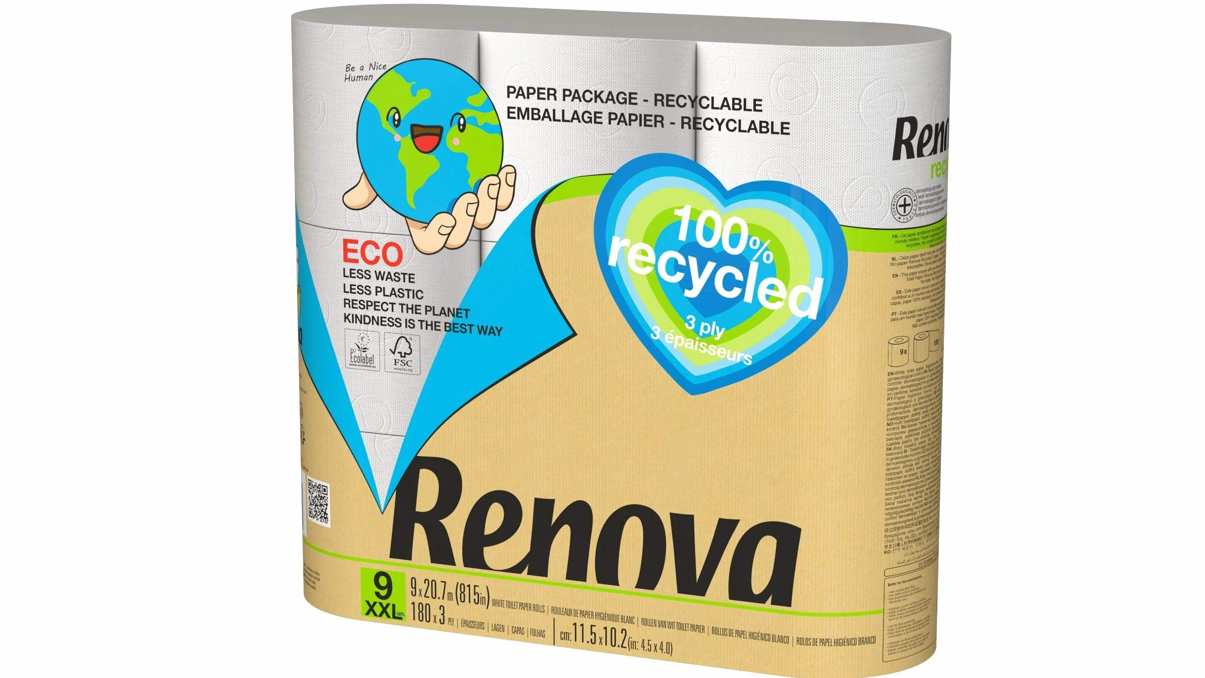 Renova Papier toaletowy w 100% z recyklingu i papier opakowanie 9 sztuk 921 g
