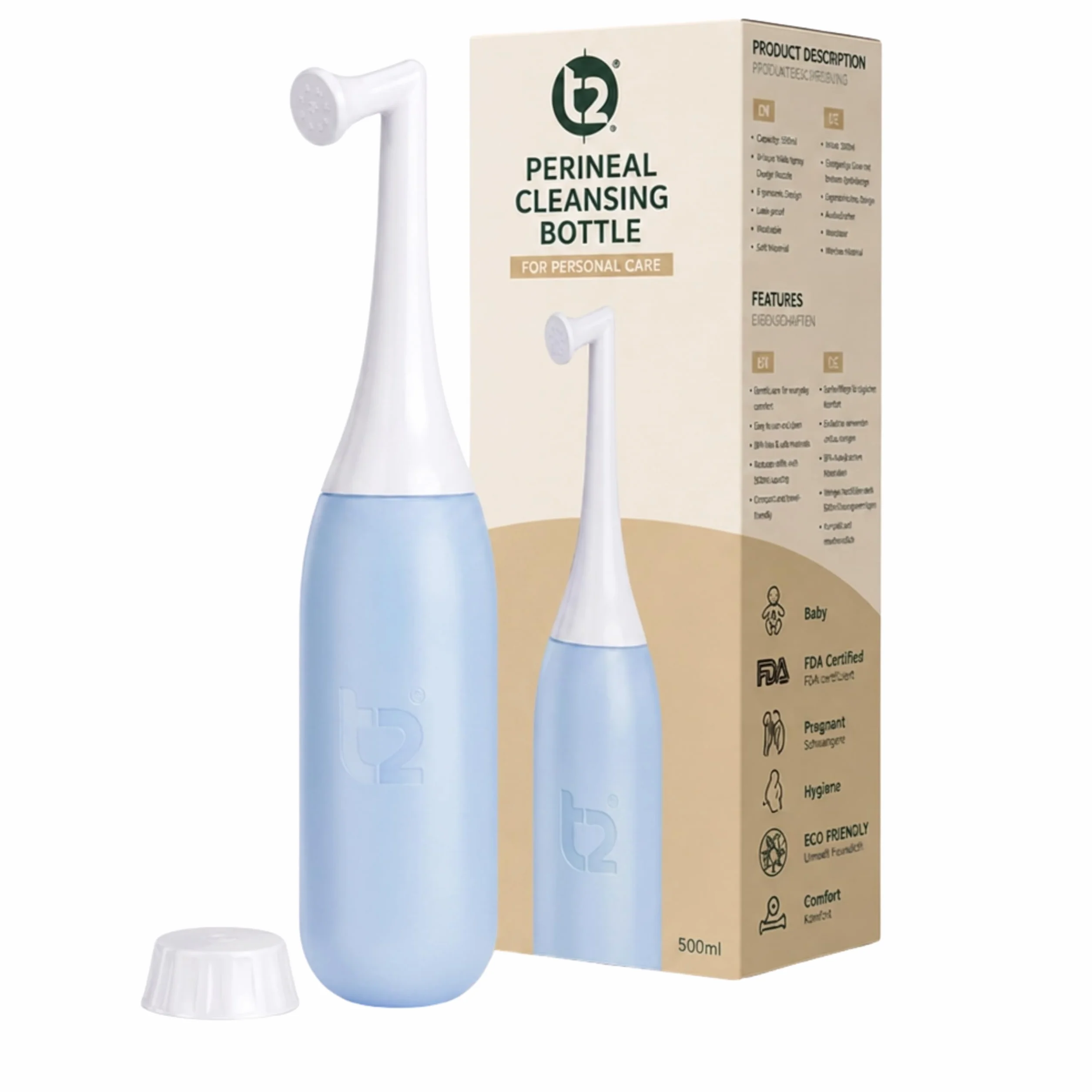 T2 500 ml Butelka Peri, butelka do czyszczenia krocza z nasadką pod kątem, przenośny bidet poporodowy, nakrętka do przenoszenia wody, torba podróżna, niebieski niebiański