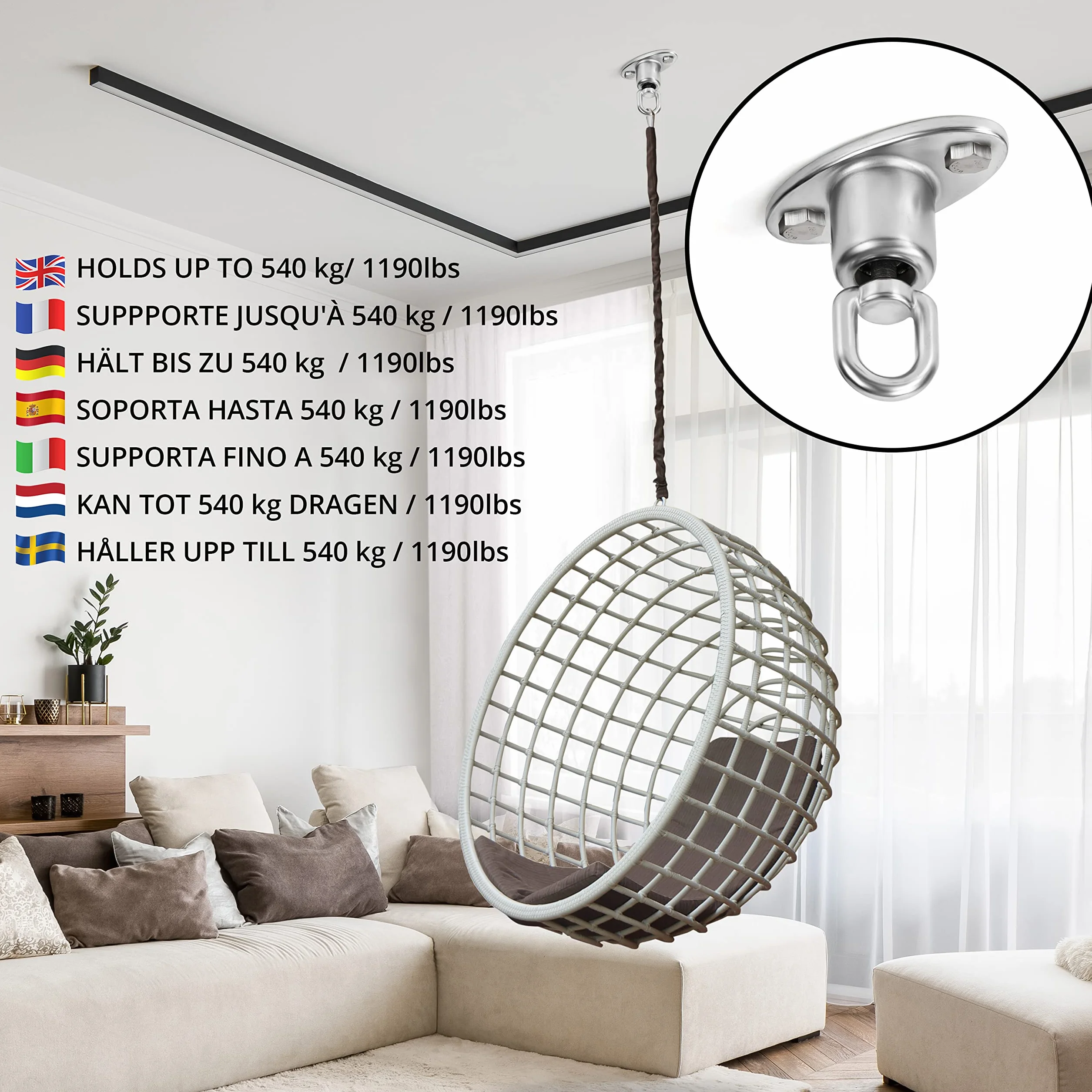 Belle Vous Mocowanie Huśtawki z Łożyskiem Kulkowym 360° Stal Nierdzewna Hak Sufitowy Nośność 540 kg