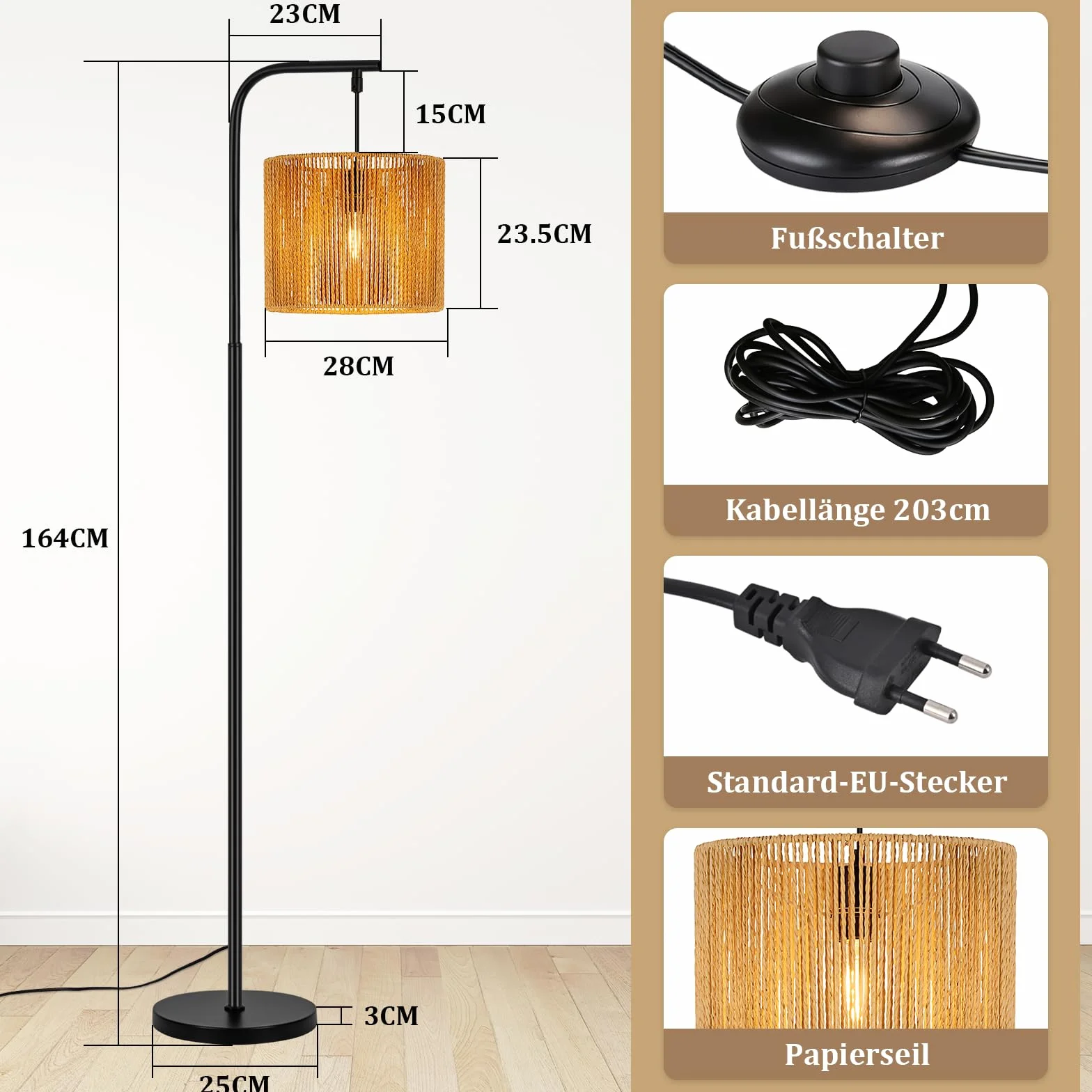 lampa podłogowa boho nowoczesna łukowa konstrukcja z czarnym | linowym abażurem włącznik nożny gniazdo E27 Idealna do salonu sypialni biura czy tarasu