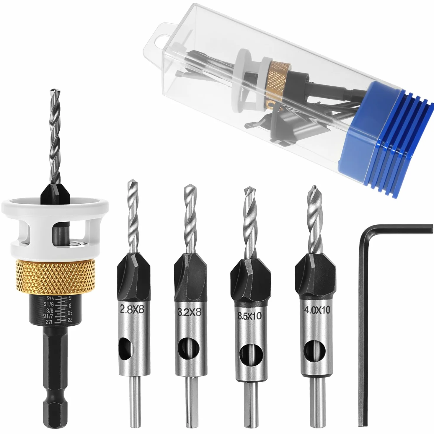 QWORK® 6-częściowy zestaw wierteł z ogranicznikiem głębokości, Ø 2,8/3,2/3,5/4 mm x 8 mm, HSS-M2, wiertła do drewna do precyzyjnych otworów wpuszczanych, chwyt sześciokątny 1/4"