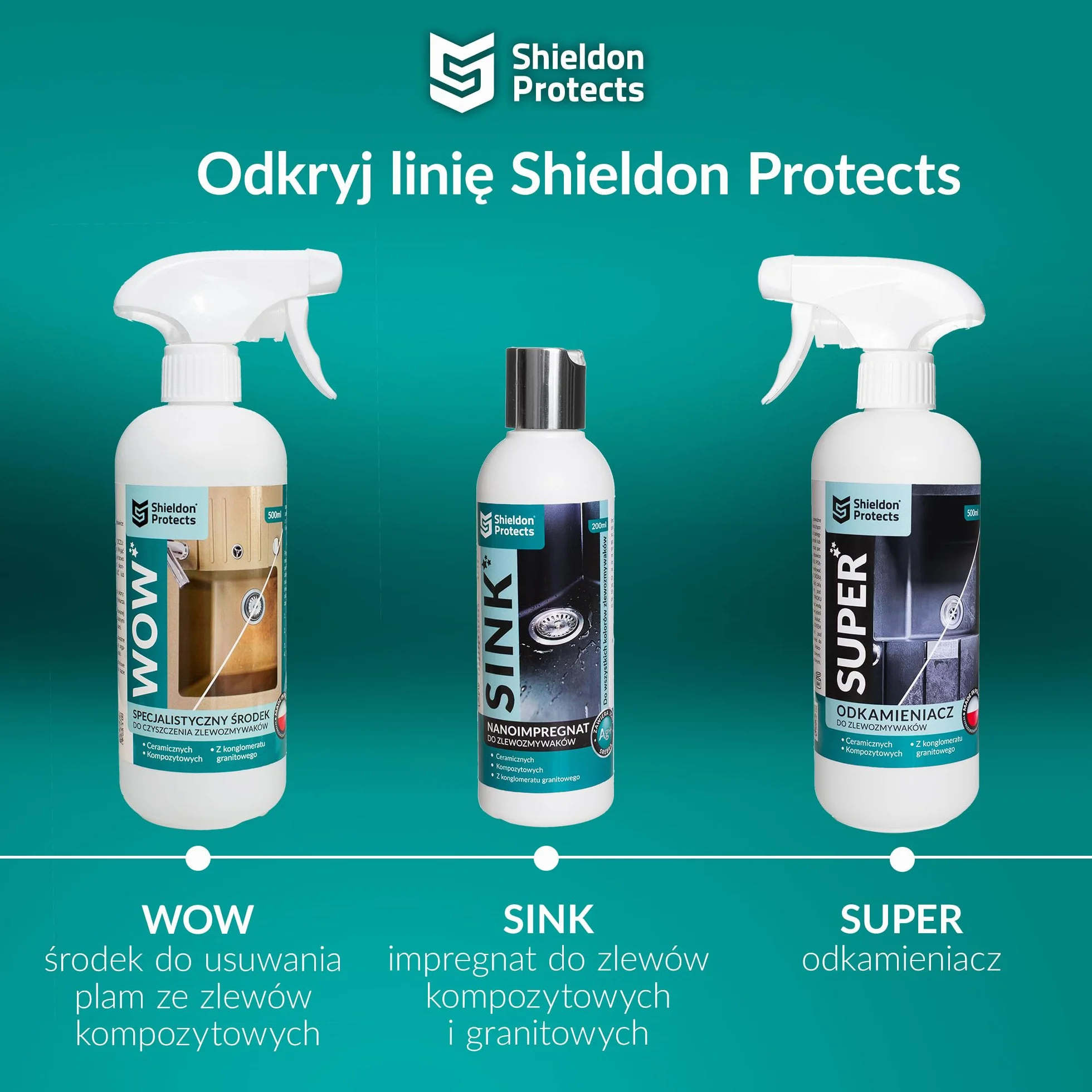 Shieldon Protects SUPER – Silny odkamieniacz do zlewozmywaków granitowych i kompozytowych (np. Silgranit, Fragranit), czajnika, armatury, prysznica, WC – usuwa kamień bez szorowania – 500 ml