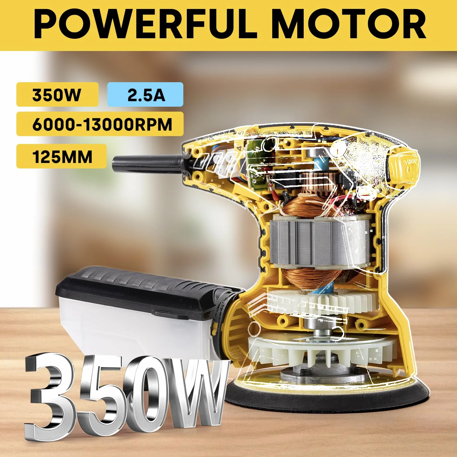 Enventor Szlifierka do drewna 300 W, elektryczna szlifierka oscylacyjna z 6 zmiennymi prędkościami, 6000-13000 obr./min, 125 mm, 16 sztuk (80, 120, 180, 240 grit), elektryczna szlifierka do drewna i