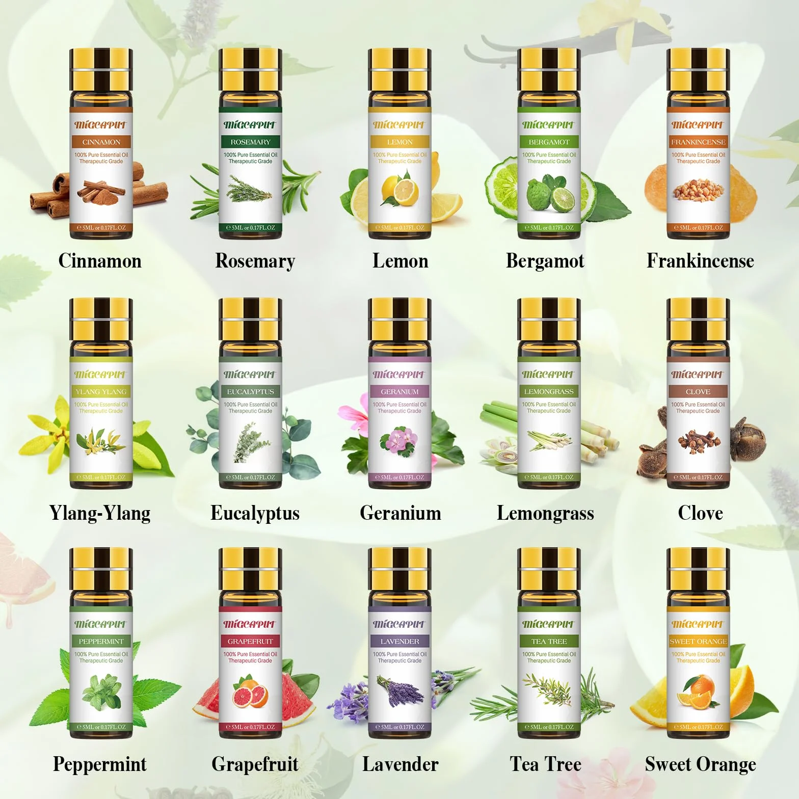 Zestaw Olejków Eterycznych 30 x 5ML, Lawenda, Drzewo Herbaciane, Mięta, Rozmaryn, Eukaliptus, Cynamon do Aromaterapii
