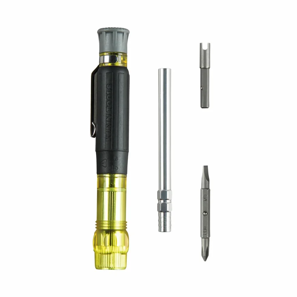 Klein Tools 32613 Precyzyjny śrubokręt, precyzyjny śrubokręt kieszonkowy HVAC 3 w 1 z bitem Schradera, żółty/czarny